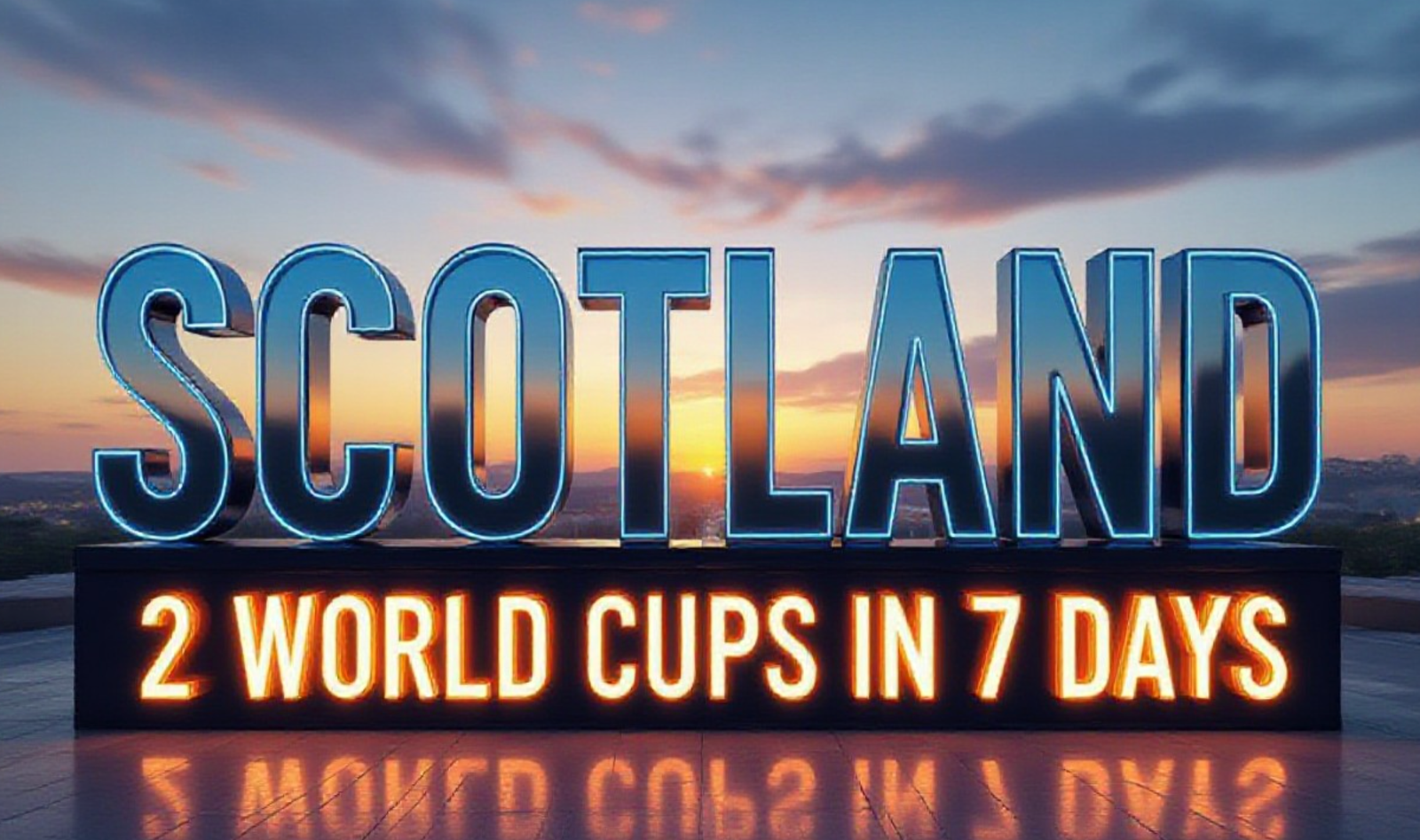 The Primary Text reads exactly: 'SCOTLAND'. This text is massive, the largest element in the frame, rendered in polished chrome with electric blue glow edges to look like a high-budget 3D render. The Secondary Text reads exactly: '2 WORLD CUPS IN 7 DAYS'. This text is significantly smaller, positioned below the main text. It features a thick, fiery orange border/outline with pulsing light effect to contrast against the background.