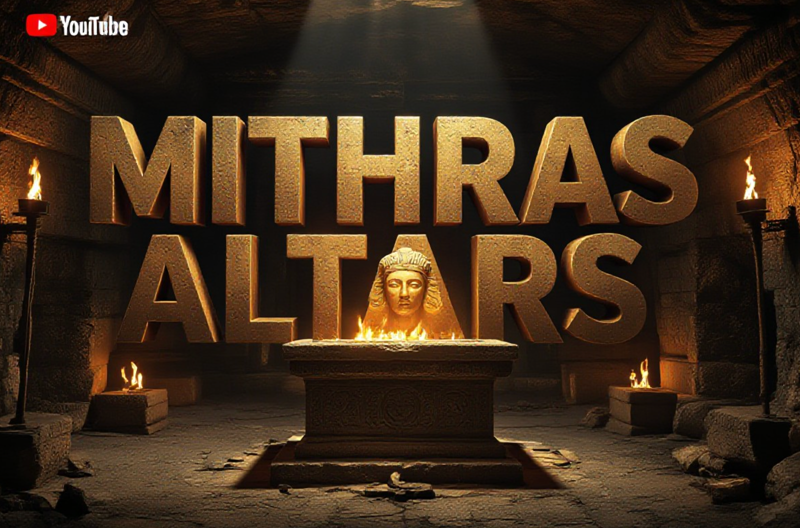 A viral, hyper-realistic YouTube thumbnail with a mysterious ancient temple atmosphere. The background is a dimly lit underground Mithraeum with flickering torch light casting golden glows on damp stone walls and scattered ritual objects. The composition uses a dramatic low-angle shot to focus on the main subject: a reconstructed ancient Roman stone altar with glowing Sol face illuminated from behind. The image features massive 3D typography with strict hierarchy: The Primary Text reads exactly: 'MITHRAS ALTARS'. This text is massive, the largest element in the frame, rendered in weathered bronze with subtle fire glow to look like a high-budget 3D render. The Secondary Text reads exactly: 'FOUND IN SCOTLAND'. This text is significantly smaller, positioned below the main text. It features a thick, blood-red border/outline (sticker style) to contrast against the background. Make sure text 2 is always different theme, style, effect and border compared to text 1. The text materials correspond to the story's concept. Crucial Instruction: There is absolutely NO other text, numbers, watermarks, or subtitles in this image other than these two specific lines. 8k, Unreal Engine 5, cinematic render.
