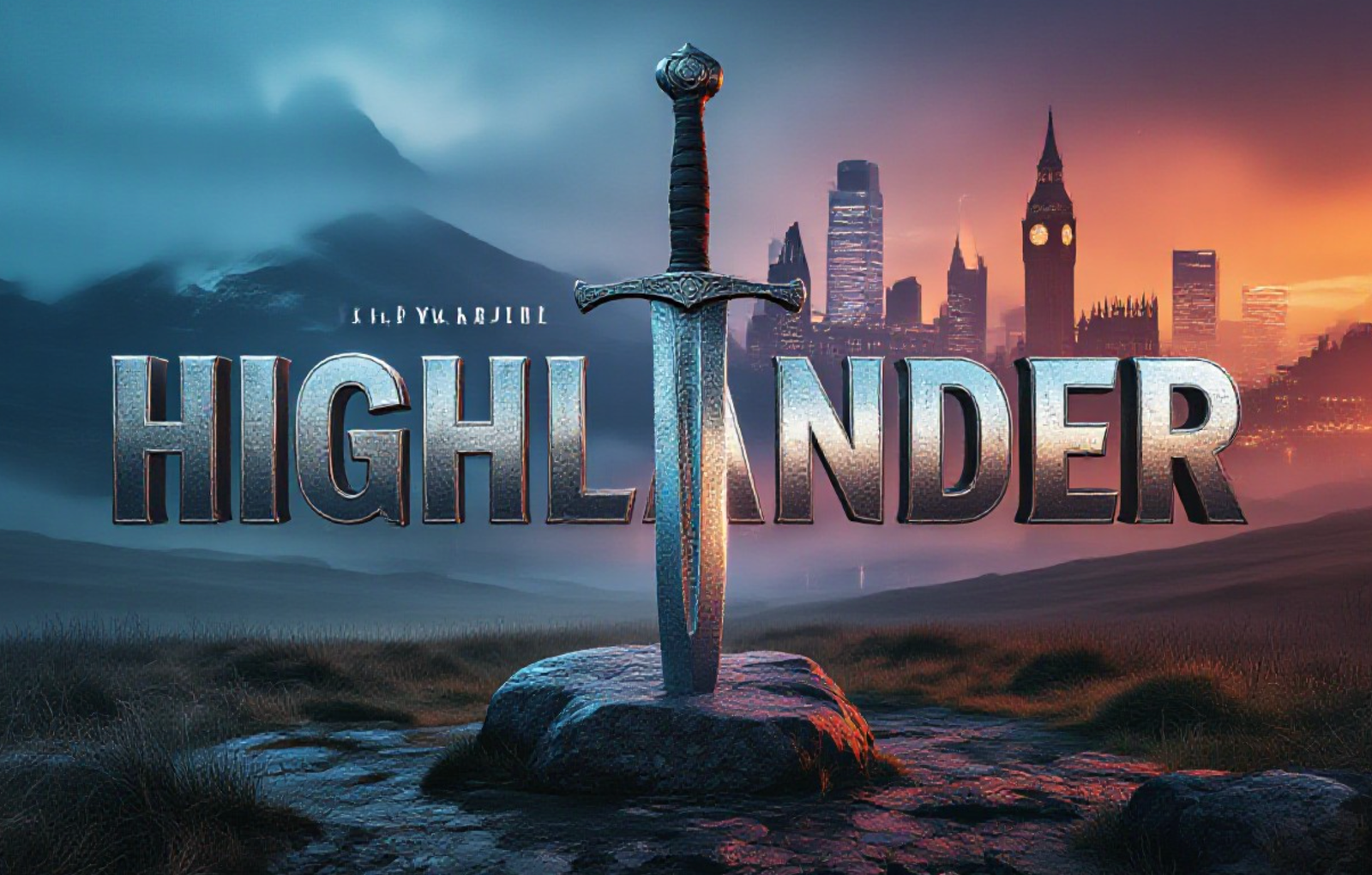 A viral, hyper-realistic YouTube thumbnail with a Cinematic Fantasy atmosphere. The background is a mist-covered Scottish Highland battlefield merging into a neon-lit futuristic London skyline with moody blue and orange Lighting. The composition uses a Low Angle to focus on the main subject: a weathered, ancient Silver Claymore Sword embedded in a stone. The image features massive 3D typography with strict hierarchy: The Primary Text reads exactly: 'HIGHLANDER'. This text is massive, the largest element in the frame, rendered in Chrome to look like a high-budget 3D render. The Secondary Text reads exactly: 'FILMING BEGINS'. This text is significantly smaller, positioned below or next to the main text. It features a thick, distinct red border/outline (sticker style) to contrast against the background. Make sure text 2 is always different theme, style, effect and border compared to text 1. The text materials correspond to the story's concept. Crucial Instruction: There is absolutely NO other text, numbers, watermarks, or subtitles in this image other than these two specific lines. 8k, Unreal Engine 5, cinematic render