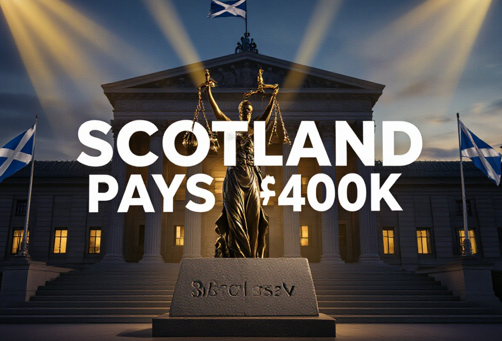 A viral, hyper-realistic YouTube thumbnail with a dramatic courtroom victory atmosphere. The background is the grand stone facade of the UK Supreme Court building at dusk with Scottish Saltire flags waving and golden spotlight beams cutting through the sky. The composition uses a low heroic angle to focus on the main subject: a gleaming bronze Lady Justice statue holding scales that clearly tip toward a carved stone tablet reading "Biological Sex". The image features massive 3D typography with strict hierarchy: The Primary Text reads exactly: 'SCOTLAND PAYS £400K'. This text is massive, the largest element in the frame, rendered in molten gold chrome with dramatic rim lighting to look like a high-budget 3D render. The Secondary Text reads exactly: 'Woman Definition Victory'. This text is significantly smaller, positioned below the main text with a thick white outline and red sticker-style border to contrast against the background. The text materials correspond to the story's concept. Crucial Instruction: There is absolutely NO other text, numbers, watermarks, or subtitles in this image other than these two specific lines. 8k, Unreal Engine 5, cinematic render.