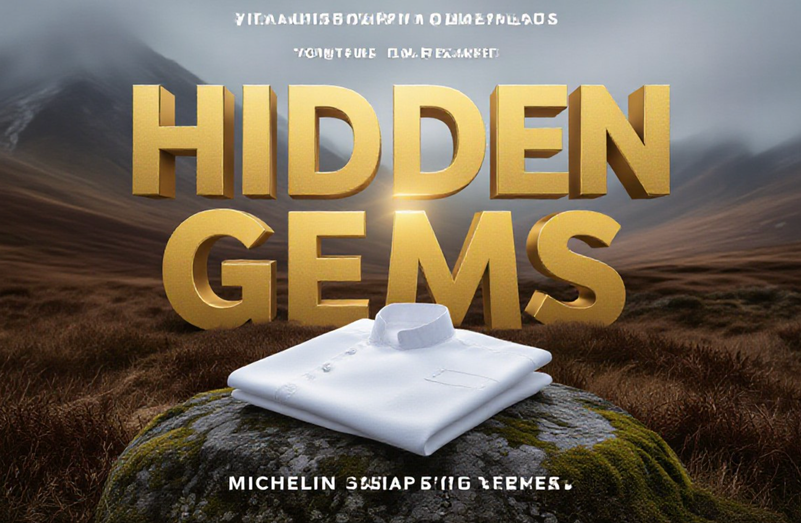 A viral, hyper-realistic YouTube thumbnail with a Nature/Culinary atmosphere. The background is a rugged, misty Scottish Highland landscape with dramatic lighting. The composition uses a Low Angle to focus on the main subject: a pristine, folded white Chef's Jacket resting on a mossy rock. The image features massive 3D typography with strict hierarchy: The Primary Text reads exactly: 'HIDDEN GEMS'. This text is massive, the largest element in the frame, rendered in Gold to look like a high-budget 3D render. The Secondary Text reads exactly: 'MICHELIN WINS'. This text is significantly smaller, positioned below or next to the main text. It features a thick, distinct color border/outline (sticker style) to contrast against the background. Make sure text 2 is always different theme, style, effect and border compared to text 1.