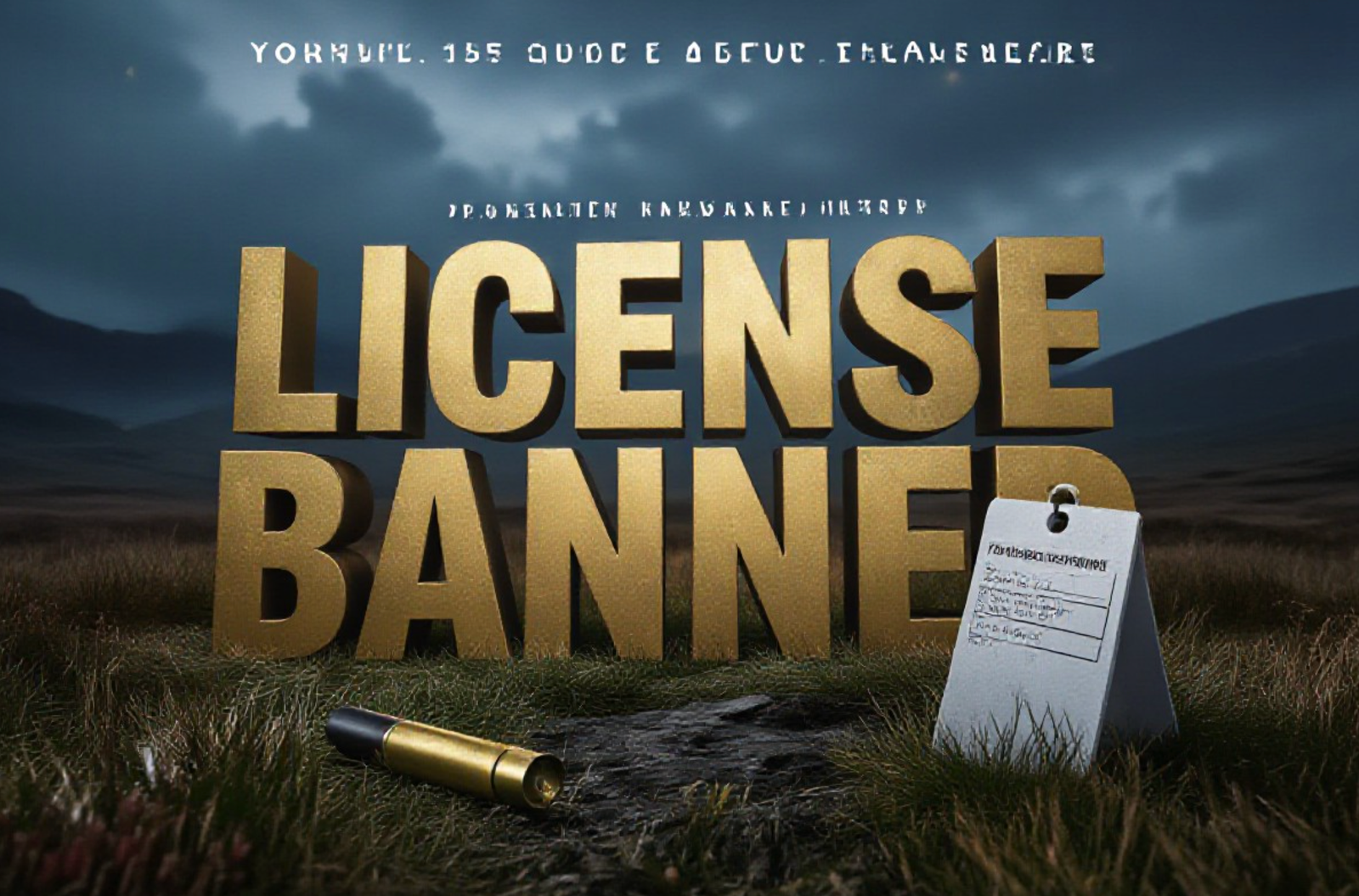 A viral, hyper-realistic YouTube thumbnail with a Crime/Mystery atmosphere. The background is a moody, mist-covered Scottish moorland with stormy skies and dramatic lighting. The composition uses a Low Angle to focus on the main subject: a weathered, forensic evidence marker flag planted in the grass next to a shotgun shell casing. The image features massive 3D typography with strict hierarchy: The Primary Text reads exactly: 'LICENSE BANNED'. This text is massive, the largest element in the frame, rendered in Gold to look like a high-budget 3D render. The Secondary Text reads exactly: 'EAGLE EVIDENCE'. This text is significantly smaller, positioned below or next to the main text. It features a thick, distinct color border/outline (sticker style) to contrast against the background. Make sure text 2 is always different theme, style, effect and border compared to text 1. The text materials correspond to the story's concept. Crucial Instruction: There is absolutely NO other text, numbers, watermarks, or subtitles in this image other than these two specific lines. 8k, Unreal Engine 5, cinematic render