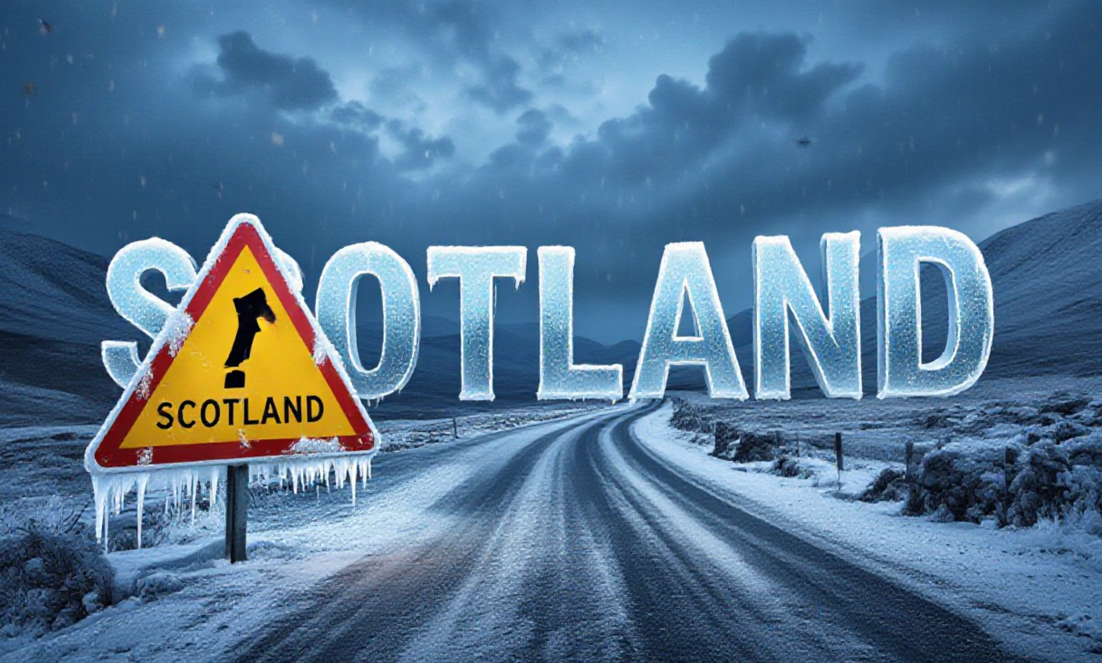 A viral, hyper-realistic YouTube thumbnail with a severe winter storm atmosphere. The background is a dramatic, snow-dusted Scottish Highland road at twilight with dark, ominous storm clouds and blue-toned icy lighting. The composition uses a low-angle shot to focus on the main subject: a bright yellow triangular Road Warning Sign crusted with frost and ice. The image features massive 3D typography with strict hierarchy: The Primary Text reads exactly: 'SCOTLAND'. This text is massive, the largest element in the frame, rendered in Frozen Chrome to look like a high-budget 3D render with icicles hanging off the letters. The Secondary Text reads exactly: 'WEATHER ALERT'. This text is significantly smaller, positioned below the main text. It features a thick, distinct red border/outline (sticker style) to contrast against the cold background. Make sure text 2 is always different theme, style, effect and border compared to text 1.