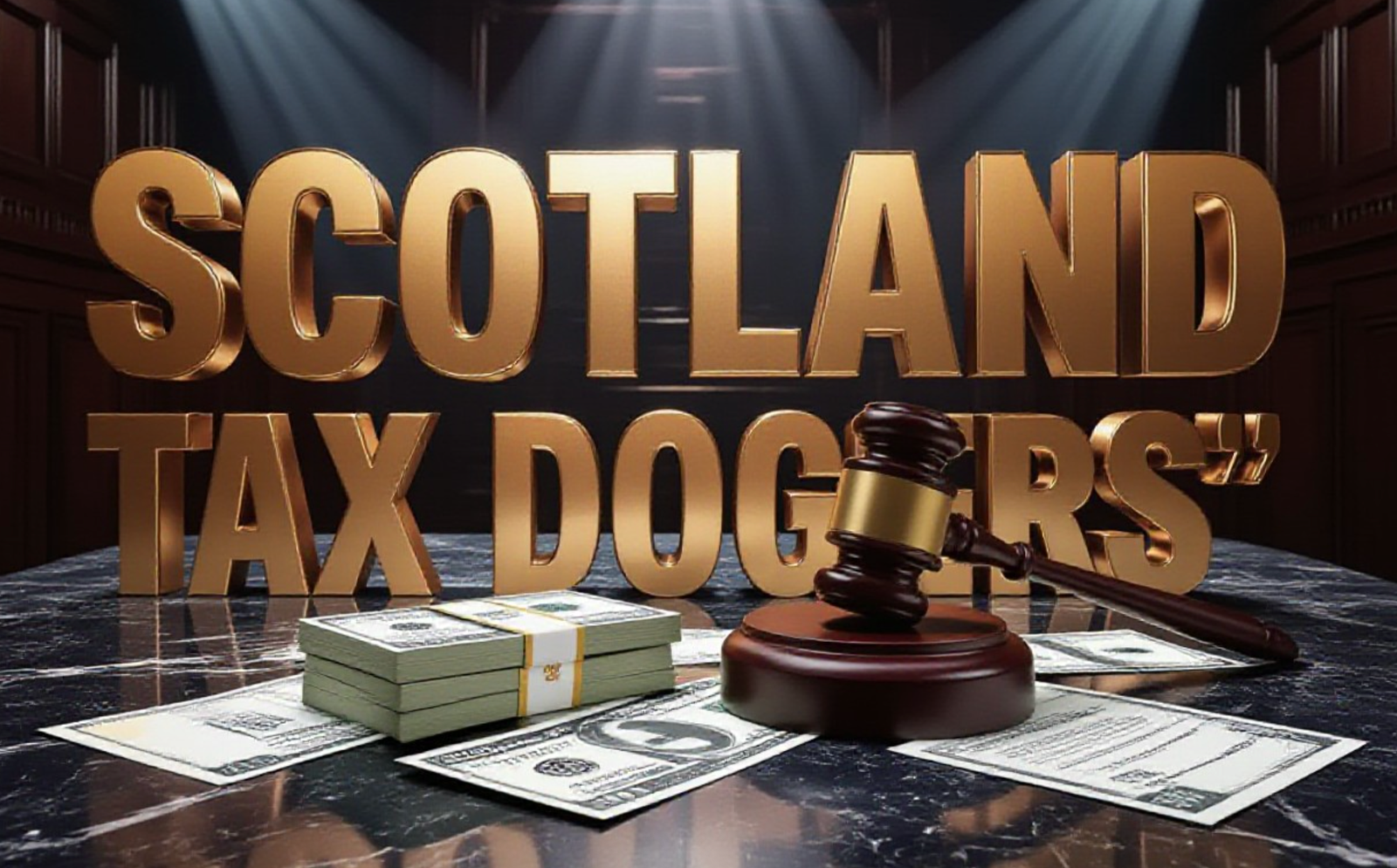 A viral, hyper-realistic YouTube thumbnail with a serious financial crime atmosphere. The background is a dramatic Scottish courthouse interior with dark wood paneling and dramatic spotlight beams cutting through shadows. The composition uses a low angle shot to focus on the main subject: a massive gavel striking down on stacked pound sterling notes and official HMRC documents scattered dramatically across a marble surface. The image features massive 3D typography with strict hierarchy: The Primary Text reads exactly: 'SCOTLAND TAX DODGERS'. This text is massive, the largest element in the frame, rendered in metallic bronze with official government seal embossing to look like a high-budget 3D render with dramatic shadows. The Secondary Text reads exactly: '£1.5M FINES'. This text is significantly smaller, positioned below the main text. It features a thick, bold red border with white fill (sticker style) to contrast against the background. Make sure text 2 is always different theme, style, effect and border compared to text 1. The text materials correspond to the story's concept. Crucial Instruction: There is absolutely NO other text, numbers, watermarks, or subtitles in this image other than these two specific lines. 8k, Unreal Engine 5, cinematic render.