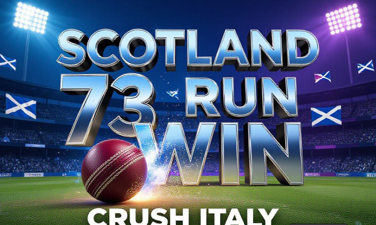A viral, hyper-realistic YouTube thumbnail with a vibrant cricket stadium night atmosphere. The background is a packed Eden Gardens under blue and purple floodlights with Scottish flags waving. The composition uses a dramatic low angle to focus on the main subject: a gleaming cricket ball exploding with saltire blue fire particles. The image features massive 3D typography with strict hierarchy: The Primary Text reads exactly: 'SCOTLAND 73 RUN WIN'. This text is massive, rendered in polished chrome with glowing blue edges like a premium trophy. The Secondary Text reads exactly: 'CRUSH ITALY'. This text is smaller, positioned below with thick white outline and red sticker-style border. The text materials scream victory and dominance. Crucial Instruction: There is absolutely NO other text, numbers, watermarks, or subtitles in this image other than these two specific lines. 8k, Unreal Engine 5, cinematic render