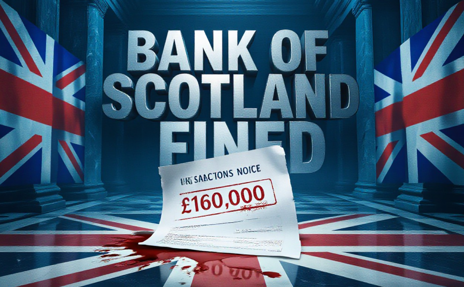 A viral, hyper-realistic YouTube thumbnail with a dark corporate finance atmosphere. The background is a dimly lit marble banking hall with subtle Union Jack and Russian flag shadows cast across the floor, cold blue lighting with sharp red accents. The composition uses a dramatic low-angle shot to focus on the main subject: a torn UK sanctions notice paper with £160,000 stamped in blood-red ink. The image features massive 3D typography with strict hierarchy: The Primary Text reads exactly: 'BANK OF SCOTLAND FINED'. This text is massive, the largest element in the frame, rendered in brushed gunmetal steel with glowing red edges to look like a high-budget 3D render. The Secondary Text reads exactly: '£160K RUSSIA BREACH'. This text is significantly smaller, positioned below the main text with a thick white outline and subtle crack effect. Make sure text 2 is always different theme, style, effect and border compared to text 1. The text materials correspond to the story's concept. Crucial Instruction: There is absolutely NO other text, numbers, watermarks, or subtitles in this image other than these two specific lines. 8k, Unreal Engine 5, cinematic render