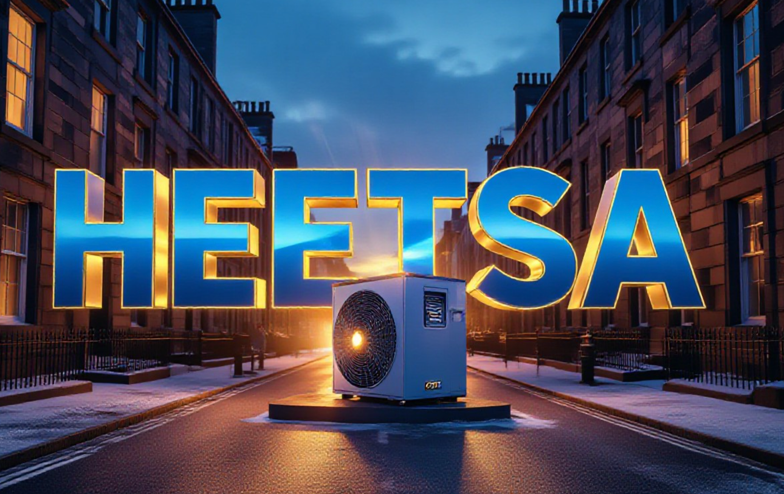 A viral, hyper-realistic YouTube thumbnail with a bold Scottish energy revolution atmosphere. The background is a dramatic Glasgow tenement street at dusk with warm golden light spilling from windows against cold blue winter sky. The composition uses a low-angle cinematic shot to focus on the main subject: a massive glowing 3D energy efficiency certificate morphing into a modern heat pump installation. The image features massive 3D typography with strict hierarchy: The Primary Text reads exactly: 'HEETSA'. This text is massive, the largest element in the frame, rendered in electric blue chrome with Scottish saltire subtle texture to look like a high-budget 3D render. The Secondary Text reads exactly: 'Fixes Scotland's Homes'. This text is significantly smaller, positioned below the main text. It features a thick, glowing orange border/outline (sticker style) to contrast against the background. Make sure text 2 is always different theme, style, effect and border compared to text 1. The text materials correspond to the story's concept. Crucial Instruction: There is absolutely NO other text, numbers, watermarks, or subtitles in this image other than these two specific lines. 8k, Unreal Engine 5, cinematic render