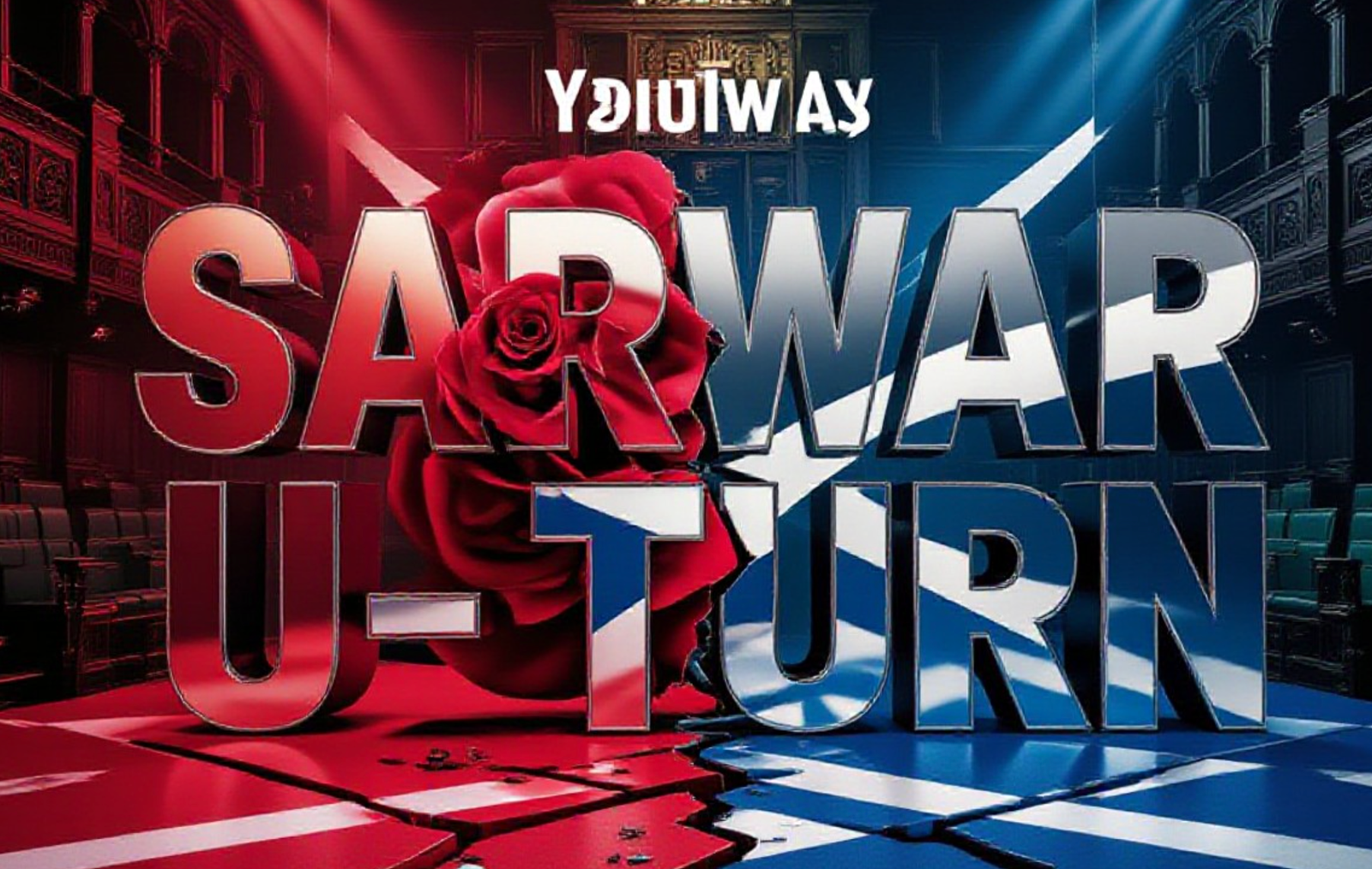 A viral, hyper-realistic YouTube thumbnail with a dramatic political crisis atmosphere. The background is the Scottish Parliament chamber at Holyrood mixed with Westminster's green benches fracturing apart with deep red and blue lighting and tension-filled shadows. The composition uses a dramatic low angle to focus on the main subject: a large cracked red rose (Labour symbol) splitting in two. The image features massive 3D typography with strict hierarchy: The Primary Text reads exactly: 'SARWAR U-TURN'. This text is massive, rendered in gleaming metallic chrome with Scottish saltire blue edges. The Secondary Text reads exactly: 'STARMER WELCOME'. This text is smaller, positioned below with thick white outline and red glow border. The text materials correspond to the story's concept. Crucial Instruction: There is absolutely NO other text, numbers, watermarks, or subtitles in this image other than these two specific lines. 8k, Unreal Engine 5, cinematic render