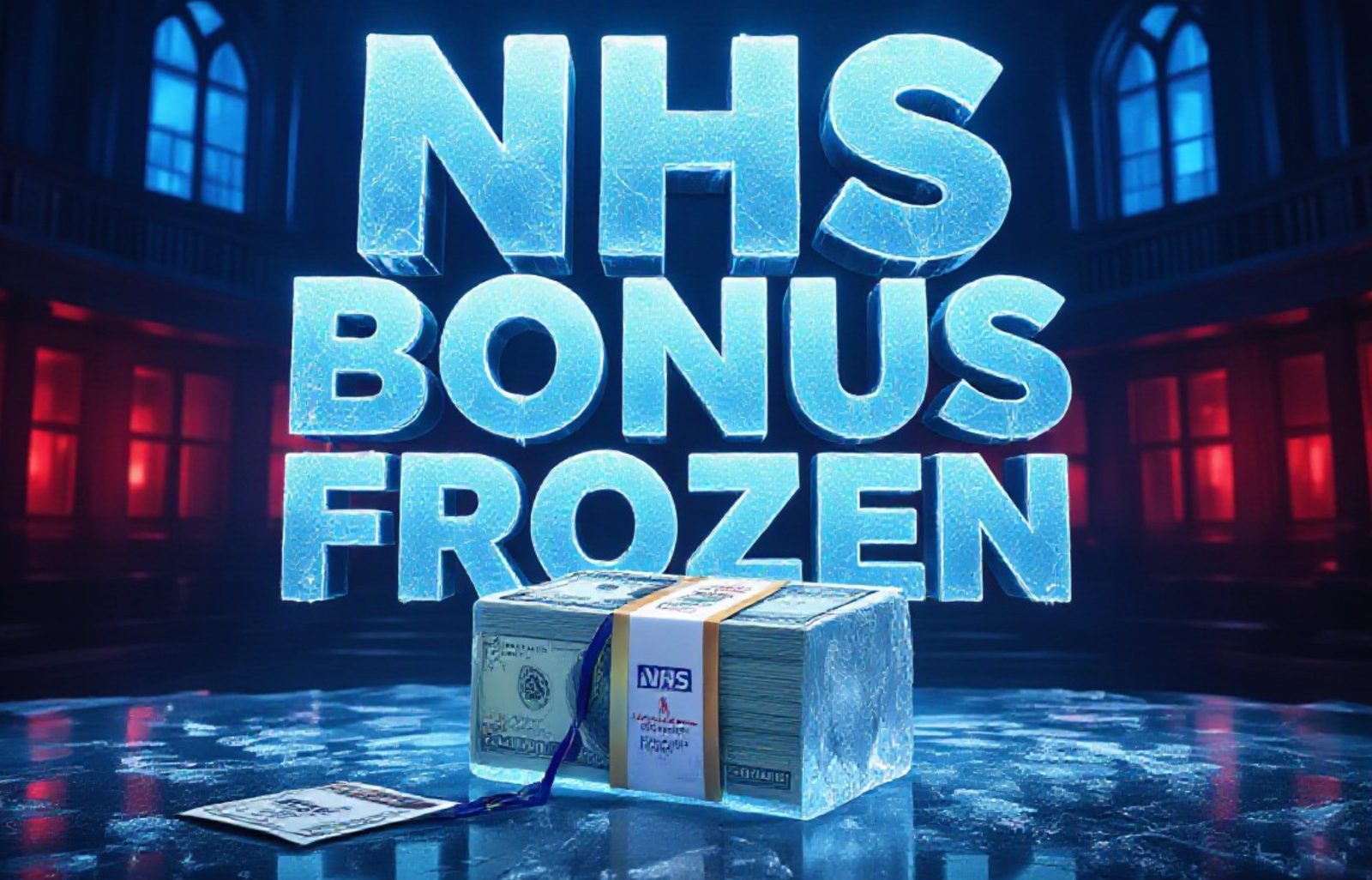 A viral, hyper-realistic YouTube thumbnail with a dramatic government/health crisis atmosphere. The background is the Scottish Parliament chamber at night with deep blue lighting and red emergency tones bleeding through the windows. The composition uses a low-angle shot to focus on the main subject: a frozen solid block of ice containing a stack of £50 notes and an NHS lanyard. The image features massive 3D typography with strict hierarchy: The Primary Text reads exactly: 'NHS BONUS FROZEN'. This text is massive, rendered in cracked ice material with frosty blue glow. The Secondary Text reads exactly: 'Union Fury Forces U-Turn'. This text is significantly smaller, positioned below with thick red outline border like warning tape. There is absolutely NO other text, numbers, watermarks, or subtitles in this image other than these two specific lines. 8k, Unreal Engine 5, cinematic render