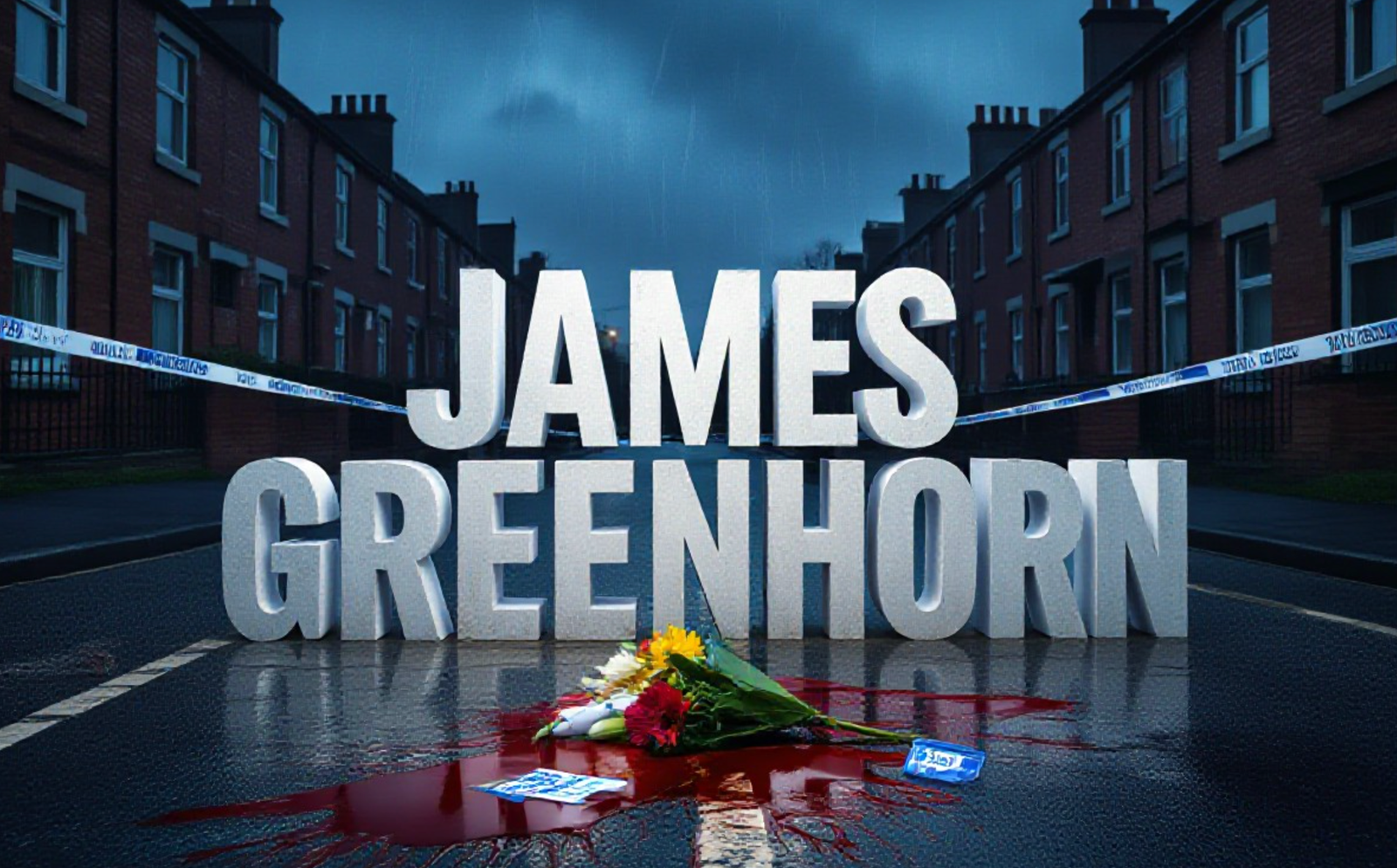 A viral, hyper-realistic YouTube thumbnail with a dark, rainy Glasgow true-crime atmosphere. The background is a dim, wet cul-de-sac in Tollcross at dusk with police tape fluttering and blue forensic lights flashing across red-brick houses. The composition uses a dramatic low angle to focus on the main subject: a blood-stained pavement with fresh flower tributes and a single discarded police evidence marker. The image features massive 3D typography with strict hierarchy: The Primary Text reads exactly: 'JAMES GREENHORN'. This text is massive, the largest element in the frame, rendered in cold chrome metal with dripping blood effect to look like a high-budget 3D render. The Secondary Text reads exactly: 'MURDERED IN DAYLIGHT'. This text is significantly smaller, positioned below the main text with thick white outline and red glow border to stand out against the dark street. The text materials correspond to the story's concept. Crucial Instruction: There is absolutely NO other text, numbers, watermarks, or subtitles in this image other than these two specific lines. 8k, Unreal Engine 5, cinematic render
