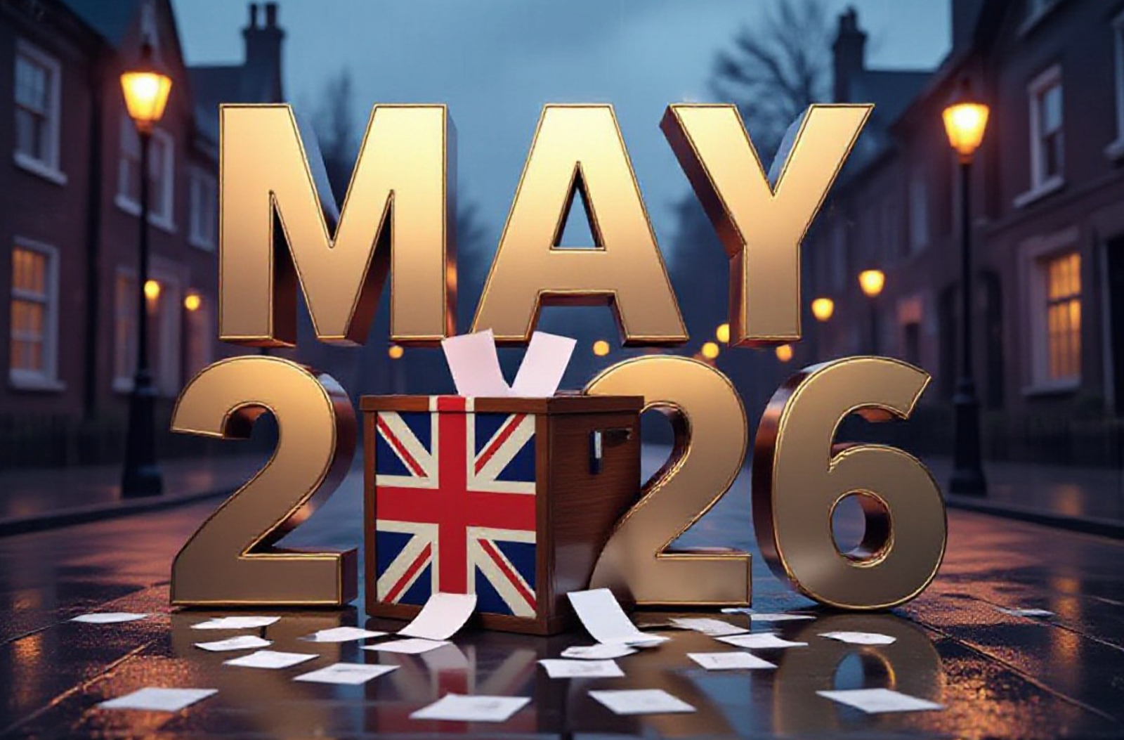 A viral, hyper-realistic YouTube thumbnail with a dramatic political atmosphere. The background is a moody British polling station at dusk with soft rain and warm street lights reflecting on wet pavement. The composition uses a low-angle shot to focus on the main subject: a large classic wooden ballot box with voting slips spilling out. The image features massive 3D typography with strict hierarchy: The Primary Text reads exactly: 'MAY 2026'. This text is massive, the largest element in the frame, rendered in polished chrome with subtle Union Jack reflection to look like a high-budget 3D render. The Secondary Text reads exactly: 'ELECTIONS'. This text is significantly smaller, positioned below the main text with thick white glow and red outline border to contrast against the dark background. The text materials correspond to the story's concept. Crucial Instruction: There is absolutely NO other text, numbers, watermarks, or subtitles in this image other than these two specific lines. 8k, Unreal Engine 5, cinematic render