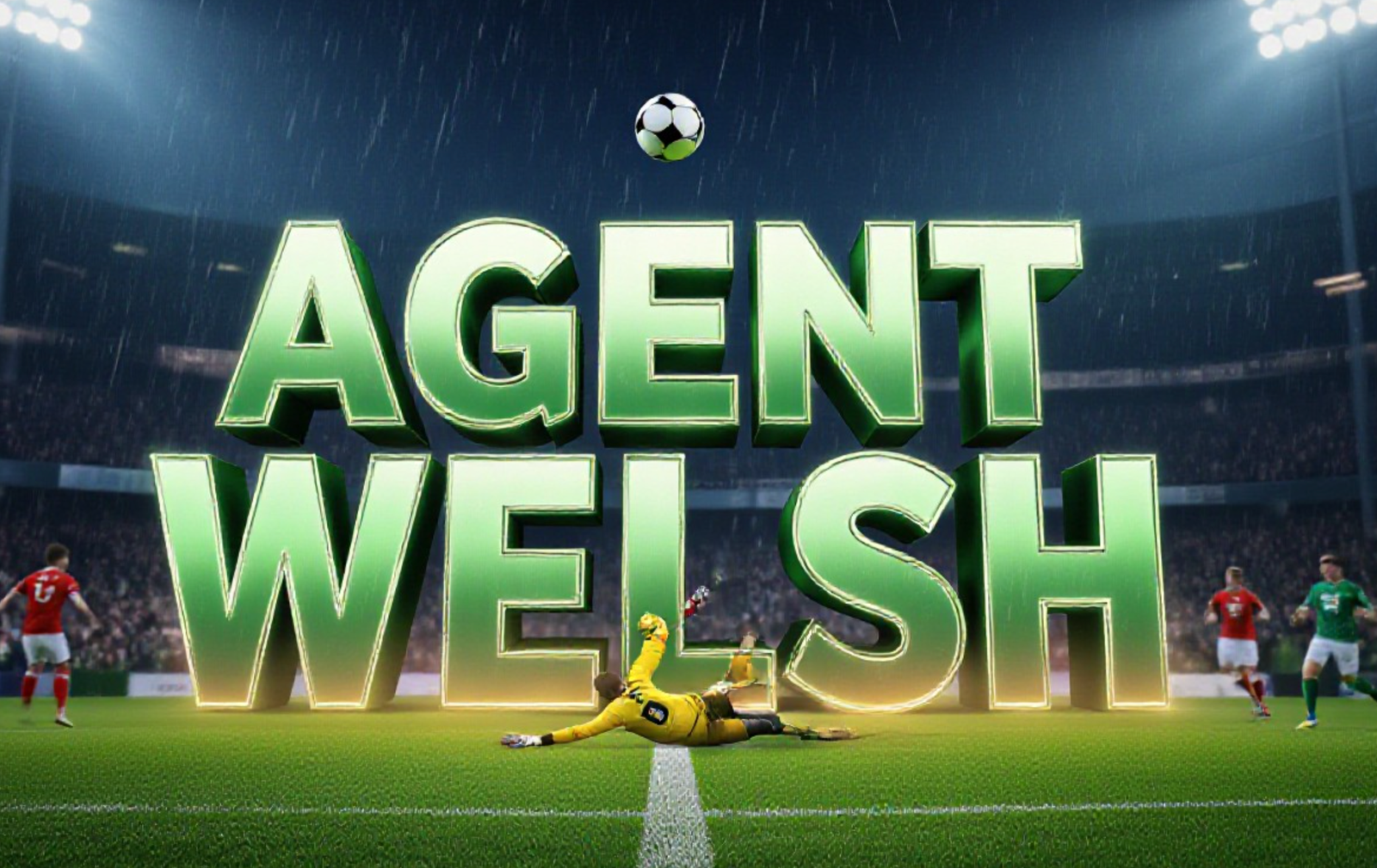 A viral, hyper-realistic YouTube thumbnail with a dramatic Scottish football night atmosphere. The background is a rain-soaked Fir Park under harsh floodlights with blurred celebrating Motherwell and Celtic fans in the stands. The composition uses a dramatic low angle to focus on the main subject: a powerful header as the ball bullets into the top corner past a despairing Rangers goalkeeper. The image features massive 3D typography with strict hierarchy: The Primary Text reads exactly: 'AGENT WELSH'. This text is massive, the largest element in the frame, rendered in glowing Celtic green chrome with realistic 3D depth and light reflections. The Secondary Text reads exactly: 'BREAKS RANGERS'. This text is significantly smaller, positioned below with a thick white outline and red glow effect to pop against the dark stadium. The text materials correspond to the story's concept. Crucial Instruction: There is absolutely NO other text, numbers, watermarks, or subtitles in this image other than these two specific lines. 8k, Unreal Engine 5, cinematic rendeA viral, hyper-realistic YouTube thumbnail with a dramatic Scottish football night atmosphere. The background is a rain-soaked Fir Park under harsh floodlights with blurred celebrating Motherwell and Celtic fans in the stands. The composition uses a dramatic low angle to focus on the main subject: a powerful header as the ball bullets into the top corner past a despairing Rangers goalkeeper. The image features massive 3D typography with strict hierarchy: The Primary Text reads exactly: 'AGENT WELSH'. This text is massive, the largest element in the frame, rendered in glowing Celtic green chrome with realistic 3D depth and light reflections. The Secondary Text reads exactly: 'BREAKS RANGERS'. This text is significantly smaller, positioned below with a thick white outline and red glow effect to pop against the dark stadium. The text materials correspond to the story's concept. Crucial Instruction: There is absolutely NO other text, numbers, watermarks, or subtitles in this image other than these two specific lines. 8k, Unreal Engine 5, cinematic rende