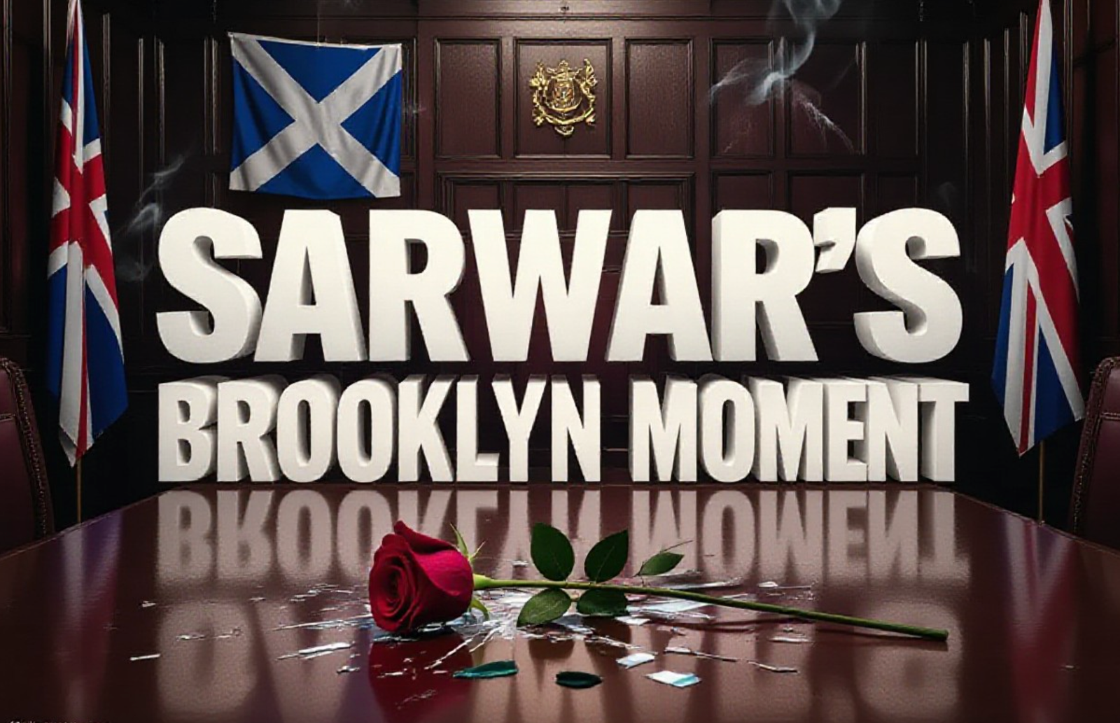 A viral, hyper-realistic YouTube thumbnail with a dramatic political chaos atmosphere. The background is the dark wooden paneling of a Westminster committee room with Scottish Saltire and Union Jack flags barely visible through thick cigarette-style haze and tense shadows. The composition uses a dramatic low-angle shot to focus on the main subject: a shattered red Labour rose lying on the polished table with shards flying outward. The image features massive 3D typography with strict hierarchy: The Primary Text reads exactly: 'SARWAR'S BROOKLYN MOMENT'. This text is massive, the largest element in the frame, rendered in cracked blood-red chrome with sharp fragments exploding outward to look like a high-budget 3D render. The Secondary Text reads exactly: 'LABOUR CIVIL WAR'. This text is significantly smaller, positioned below the main text with a burning white outline and glowing orange edge ember effect. The text materials correspond to the story's concept. Crucial Instruction: There is absolutely NO other text, numbers, watermarks, or subtitles in this image other than these two specific lines. 8k, Unreal Engine 5, cinematic render.