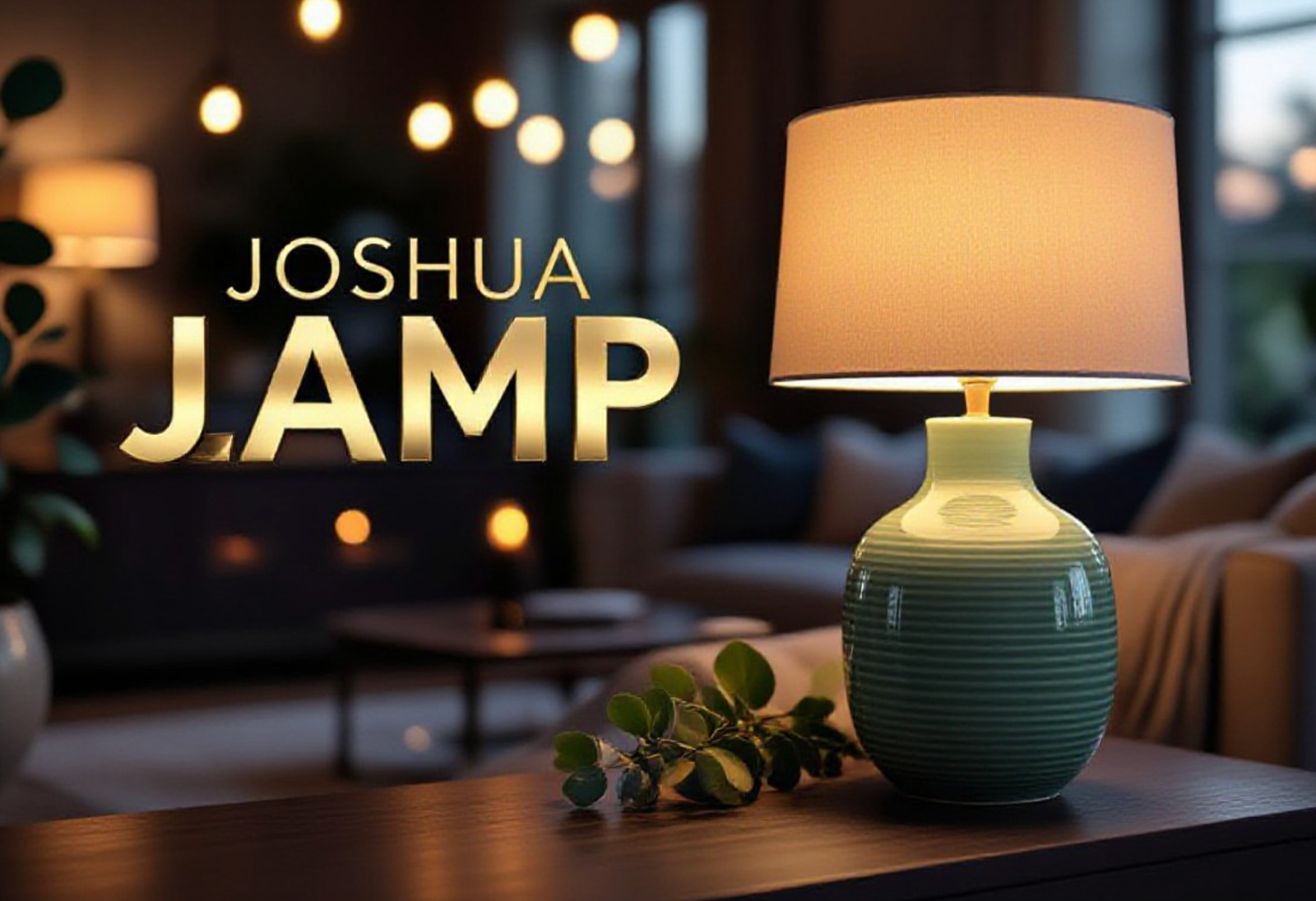 A viral, hyper-realistic YouTube thumbnail with a cozy luxury home interior atmosphere. The background is a stylish dim-lit living room with dark wooden console table and fresh eucalyptus, soft bokeh lights in the background with warm evening lighting. The composition uses a low-angle macro shot to focus on the main subject: a beautiful sage green ceramic striped rechargeable table lamp glowing softly. The image features massive 3D typography with strict hierarchy: The Primary Text reads exactly: 'JOSHUA LAMP'. This text is massive, the largest element in the frame, rendered in brushed gold chrome to look like a high-budget 3D render. The Secondary Text reads exactly: 'RESTOCKED!'. This text is significantly smaller, positioned below the main text. It features a thick, glowing red border/outline (sticker style) to contrast against the background. Make sure text 2 is always different theme, style, effect and border compared to text 1. The text materials correspond to the story's concept. Crucial Instruction: There is absolutely NO other text, numbers, watermarks, or subtitles in this image other than these two specific lines. 8k, Unreal Engine 5, cinematic render