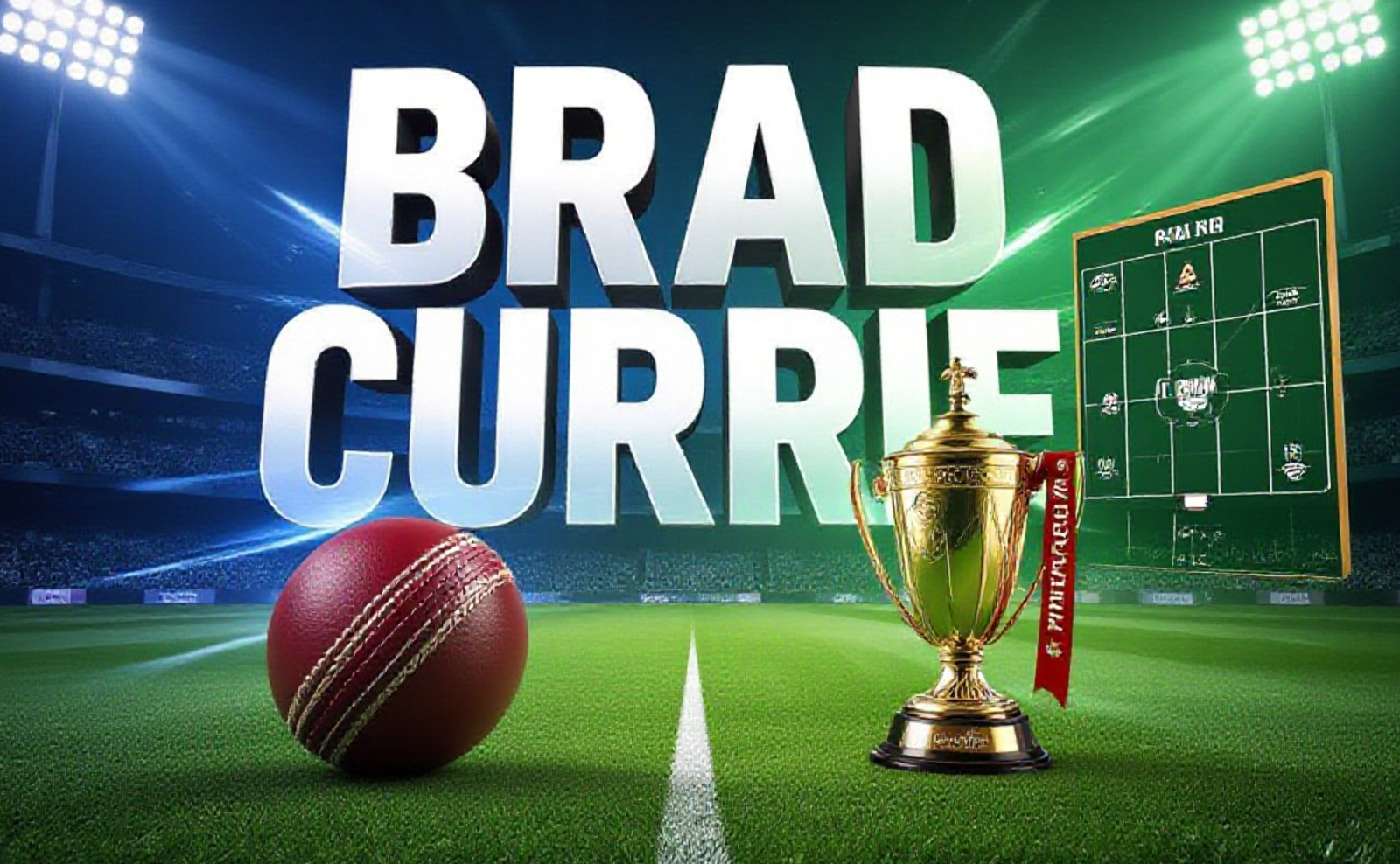 A viral, hyper-realistic YouTube thumbnail with a dynamic sports fusion atmosphere. The background is a split scene showing a cricket stadium on one side with floodlights and a football pitch tactical board on the other, blending together with electric blue and green lighting gradients. The composition uses a dramatic low angle to focus on the main subject: a gleaming cricket ball on one side and a golden Fantasy Premier League trophy on the other, both floating in mid-air with motion blur effects. The image features massive 3D typography with strict hierarchy: The Primary Text reads exactly: 'BRAD CURRIE'. This text is massive, the largest element in the frame, rendered in Metallic Chrome with holographic reflections to look like a high-budget 3D render. The Secondary Text reads exactly: 'DOUBLE LIFE'. This text is significantly smaller, positioned below the main text. It features a thick, electric blue border/outline (sticker style) with neon glow effects to contrast against the background. Make sure text 2 is always different theme, style, effect and border compared to text 1. The text materials correspond to the story's concept. Crucial Instruction: There is absolutely NO other text, numbers, watermarks, or subtitles in this image other than these two specific lines. 8k, Unreal Engine 5, cinematic render