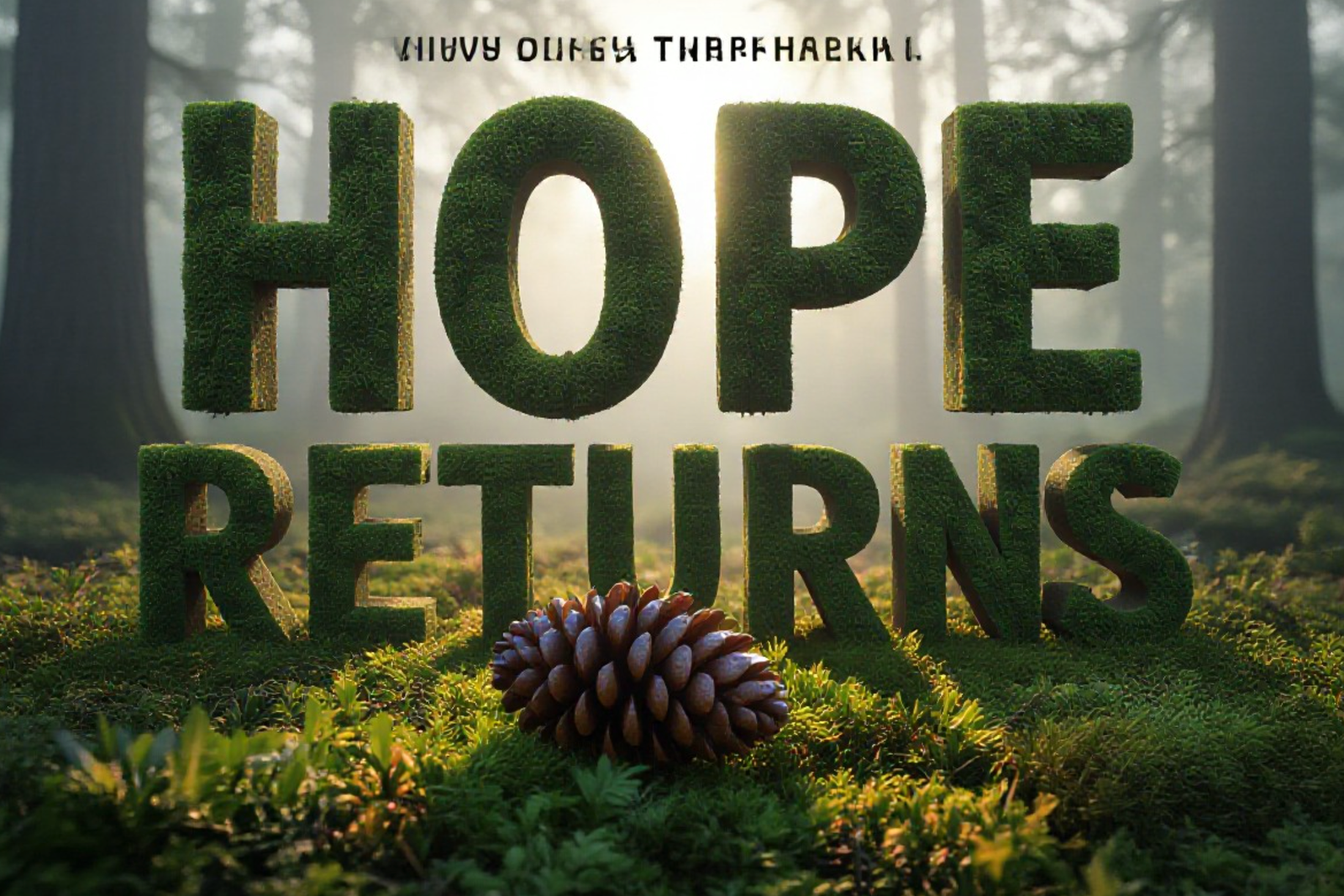 A viral, hyper-realistic YouTube thumbnail with a Science/Nature atmosphere. The background is a misty, ancient Caledonian pine forest with soft morning sunlight filtering through the trees. The composition uses a Low Angle to focus on the main subject: a detailed, majestic pine cone resting on a bed of vibrant green blaeberry. The image features massive 3D typography with strict hierarchy: The Primary Text reads exactly: 'HOPE RETURNS'. This text is massive, the largest element in the frame, rendered in Mossy Stone texture to look like a high-budget 3D render. The Secondary Text reads exactly: 'SAVING THE LEK'. This text is significantly smaller, positioned below the main text. It features a thick, distinct white border/outline (sticker style) to contrast against the background. Make sure text 2 is always different theme, style, effect and border compared to text 1.