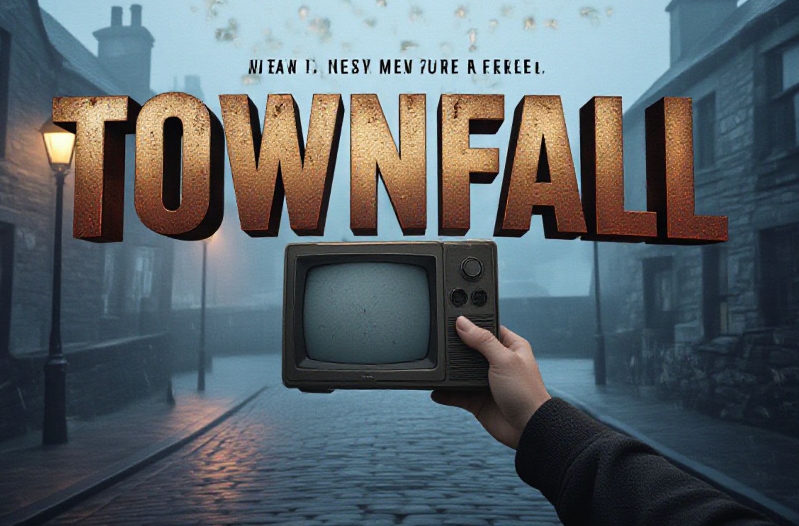 A viral, hyper-realistic YouTube thumbnail with a Psychological Horror atmosphere. The background is a foggy, cobblestone street in a Scottish fishing village at night with dim streetlamps. The composition uses a Low Angle to focus on the main subject: a dirty, retro handheld CRTV device held up by a hand. The image features massive 3D typography with strict hierarchy: The Primary Text reads exactly: 'TOWNFALL'. This text is massive, the largest element in the frame, rendered in Rusted Metal to look like a high-budget 3D render. The Secondary Text reads exactly: 'FIRST LOOK'. This text is significantly smaller, positioned below the main text. It features a thick, distinct neon red border/outline to contrast against the background. Make sure text 2 is always different theme, style, effect and border compared to text 1.