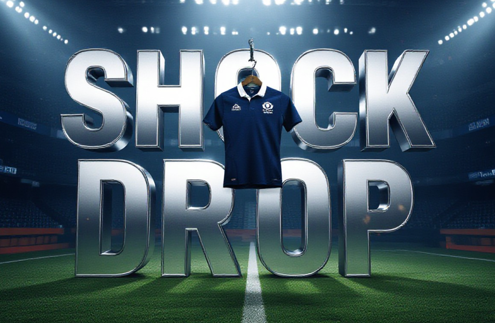 A viral, hyper-realistic YouTube thumbnail with a Sports/Kinetic atmosphere. The background is a moody, dimly lit locker room at Murrayfield Stadium with dramatic spotlighting on a single hanging kit. The composition uses a Low Angle to focus on the main subject: a pristine navy blue Scotland Rugby Jersey hanging on a hook, isolated and powerful. The image features massive 3D typography with strict hierarchy: The Primary Text reads exactly: 'SHOCK DROP'. This text is massive, the largest element in the frame, rendered in Chrome/Silver to look like a high-budget 3D render. The Secondary Text reads exactly: 'NO VDM'. This text is significantly smaller, positioned below or next to the main text. It features a thick, distinct color border/outline (sticker style) to contrast against the background. Make sure text 2 is always different theme, style, effect and border compared to text 1. The text materials correspond to the story's concept. Crucial Instruction: There is absolutely NO other text, numbers, watermarks, or subtitles in this image other than these two specific lines. 8k, Unreal Engine 5, cinematic render