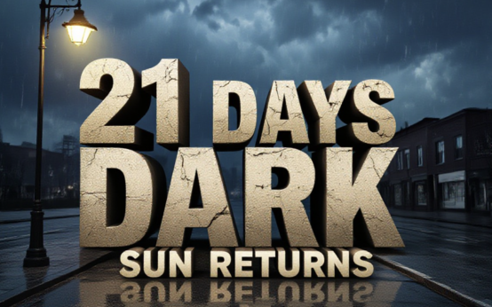 A viral, hyper-realistic YouTube thumbnail with a Moody Atmospheric vibe. The background is a Wet Granite City Street with Breaking Storm Clouds. The composition uses a Low Angle to focus on the main subject: a Glowing Streetlamp turning off. The image features massive 3D typography with strict hierarchy: The Primary Text reads exactly: '21 DAYS DARK'. This text is massive, the largest element in the frame, rendered in Cracked Stone to look like a high-budget 3D render. The Secondary Text reads exactly: 'SUN RETURNS'. This text is significantly smaller, positioned below or next to the main text. It features a thick, distinct color border/outline (sticker style) to contrast against the background. Make sure text 2 is always different theme, style, effect and border compared to text 1.