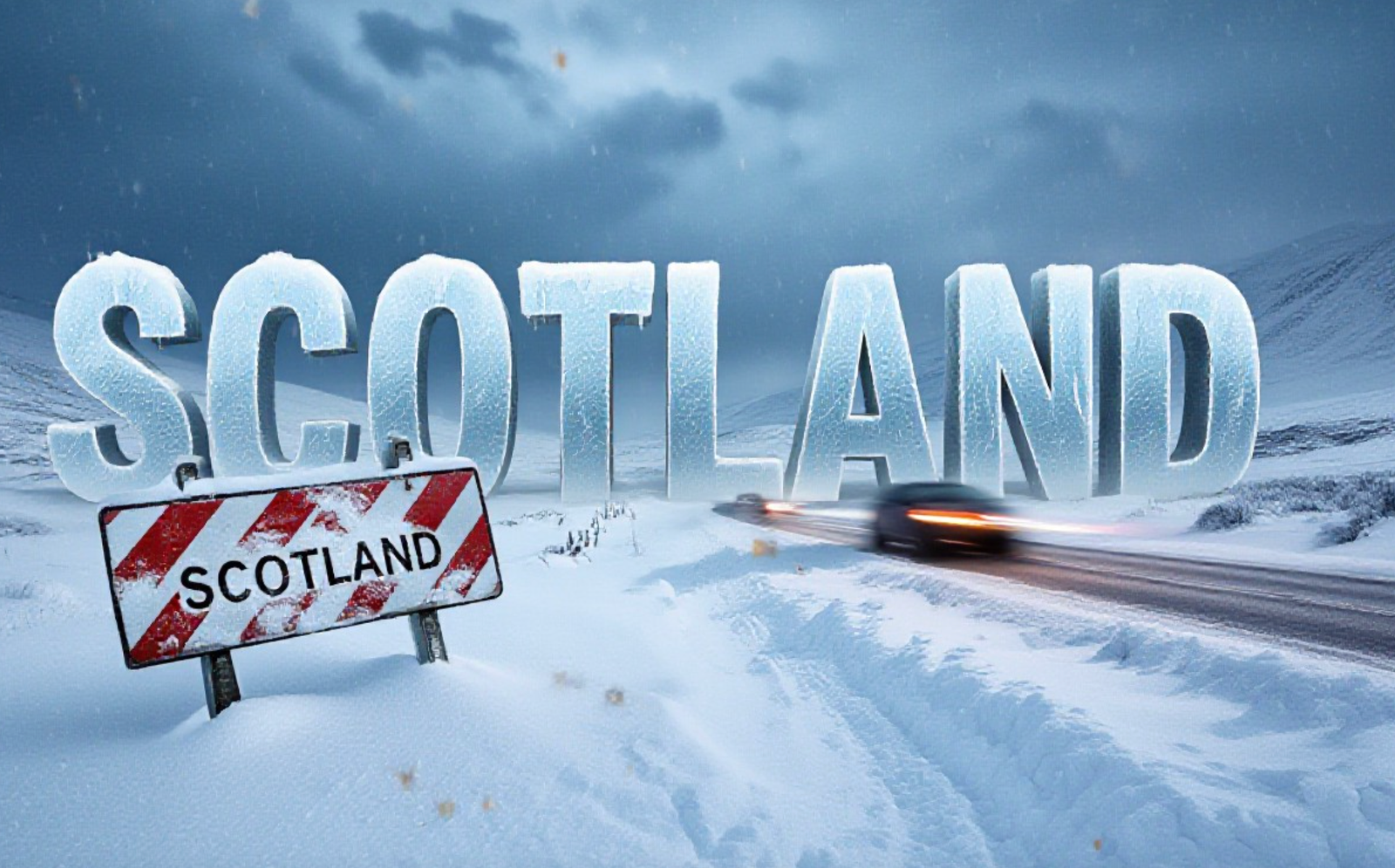 A viral, hyper-realistic YouTube thumbnail with a dramatic winter storm atmosphere. The background is a sweeping Scottish Highland landscape covered in fresh white snow with dark, ominous clouds overhead and harsh blue-gray lighting cutting through the storm. The composition uses a low angle shot to focus on the main subject: a snow-covered road warning sign partially buried in ice and snow drifts, with blurred headlights in the background suggesting dangerous travel conditions. The image features massive 3D typography with strict hierarchy: The Primary Text reads exactly: 'SCOTLAND'. This text is massive, the largest element in the frame, rendered in Frozen Ice Crystal with realistic frost formations and internal light refraction to look like a high-budget 3D render. The Secondary Text reads exactly: 'ARCTIC BLAST'. This text is significantly smaller, positioned below the main text. It features a thick, distinct bright orange and red gradient border/outline (emergency warning sticker style) to contrast against the cold blue background. Make sure text 2 is always different theme, style, effect and border compared to text 1. The text materials correspond to the story's concept. Crucial Instruction: There is absolutely NO other text, numbers, watermarks, or subtitles in this image other than these two specific lines. 8k, Unreal Engine 5, cinematic render.