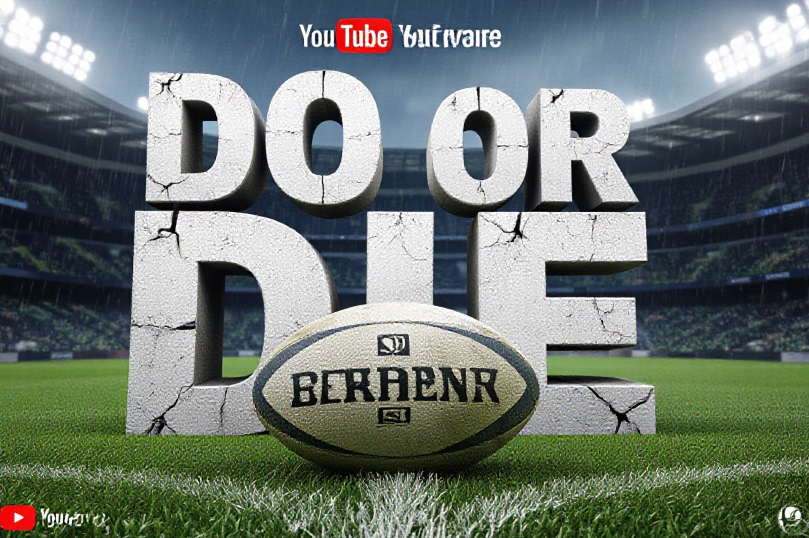 A viral, hyper-realistic YouTube thumbnail with a Kinetic Sports atmosphere. The background is a split stadium effect, half rainy Murrayfield, half illuminated Aviva Stadium with Dramatic Studio Lighting. The composition uses a Low Angle to focus on the main subject: a worn, muddy Rugby Ball resting on the try line. The image features massive 3D typography with strict hierarchy: The Primary Text reads exactly: 'DO OR DIE'. This text is massive, the largest element in the frame, rendered in Cracked Concrete to look like a high-budget 3D render. The Secondary Text reads exactly: 'ROUND 2'. This text is significantly smaller, positioned below or next to the main text. It features a thick, distinct color border/outline (sticker style) to contrast against the background. Make sure text 2 is always different theme, style, effect and border compared to text 1.