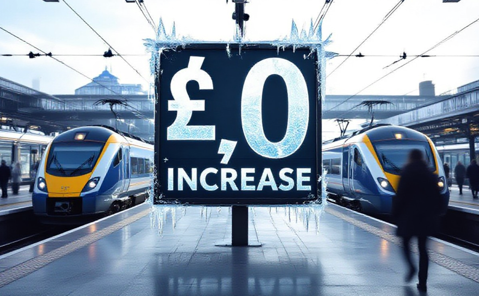 A viral, hyper-realistic YouTube thumbnail with a modern transportation and public policy atmosphere. The background is a bustling Scottish train station platform with sleek ScotRail trains in white and blue livery, dramatic morning lighting streaming through Victorian glass roof architecture, and blurred silhouettes of commuters creating dynamic motion. The composition uses a low angle shot to focus on the main subject: a giant frozen price tag display board showing "£0 INCREASE" with icy crystalline effects and frost patterns.
The image features massive 3D typography with strict hierarchy:
The Primary Text reads exactly: 'SCOTRAIL FARES FROZEN'. This text is massive, the largest element in the frame, rendered in glacial ice blue chrome with frozen condensation droplets to look like a high-budget 3D render with sub-zero temperature effects.
The Secondary Text reads exactly: 'YEAR-LONG SAVINGS'. This text is significantly smaller, positioned below the main text. It features a thick, distinct bright yellow border/outline (sticker style) with bold warm gradient fill to contrast against the icy background and primary text.
The text materials correspond to the story's concept of freezing prices and cost savings. Crucial Instruction: There is absolutely NO other text, numbers, watermarks, or subtitles in this image other than these two specific lines. 8k, Unreal Engine 5, cinematic render.