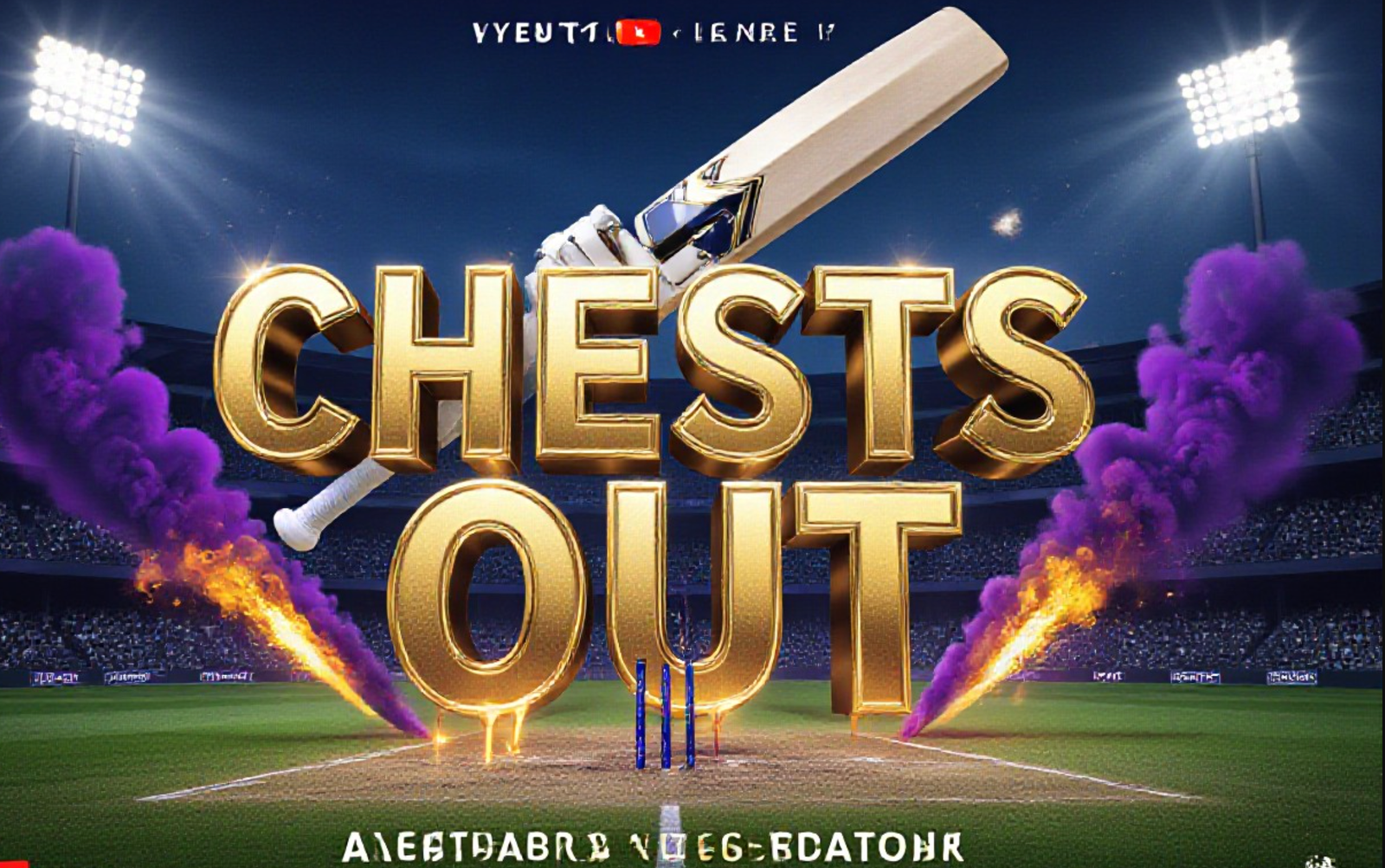 A viral, hyper-realistic YouTube thumbnail with a dramatic cricket stadium night atmosphere. The background is Eden Gardens packed under floodlights with purple and gold smoke flares exploding. The composition uses a low-angle heroic shot to focus on the main subject: a gleaming white cricket bat held high like a sword. The image features massive 3D typography with strict hierarchy: The Primary Text reads exactly: 'CHESTS OUT'. This text is massive, the largest element in the frame, rendered in molten gold chrome with glowing edges to look like a high-budget 3D render. The Secondary Text reads exactly: 'ENGLAND vs SCOTLAND'. This text is significantly smaller, positioned below the main text. It features a thick electric blue border/outline with lightning crackle effect to contrast against the background. Make sure text 2 is always different theme, style, effect and border compared to text 1. The text materials correspond to the story's concept. Crucial Instruction: There is absolutely NO other text, numbers, watermarks, or subtitles in this image other than these two specific lines. 8k, Unreal Engine 5, cinematic render