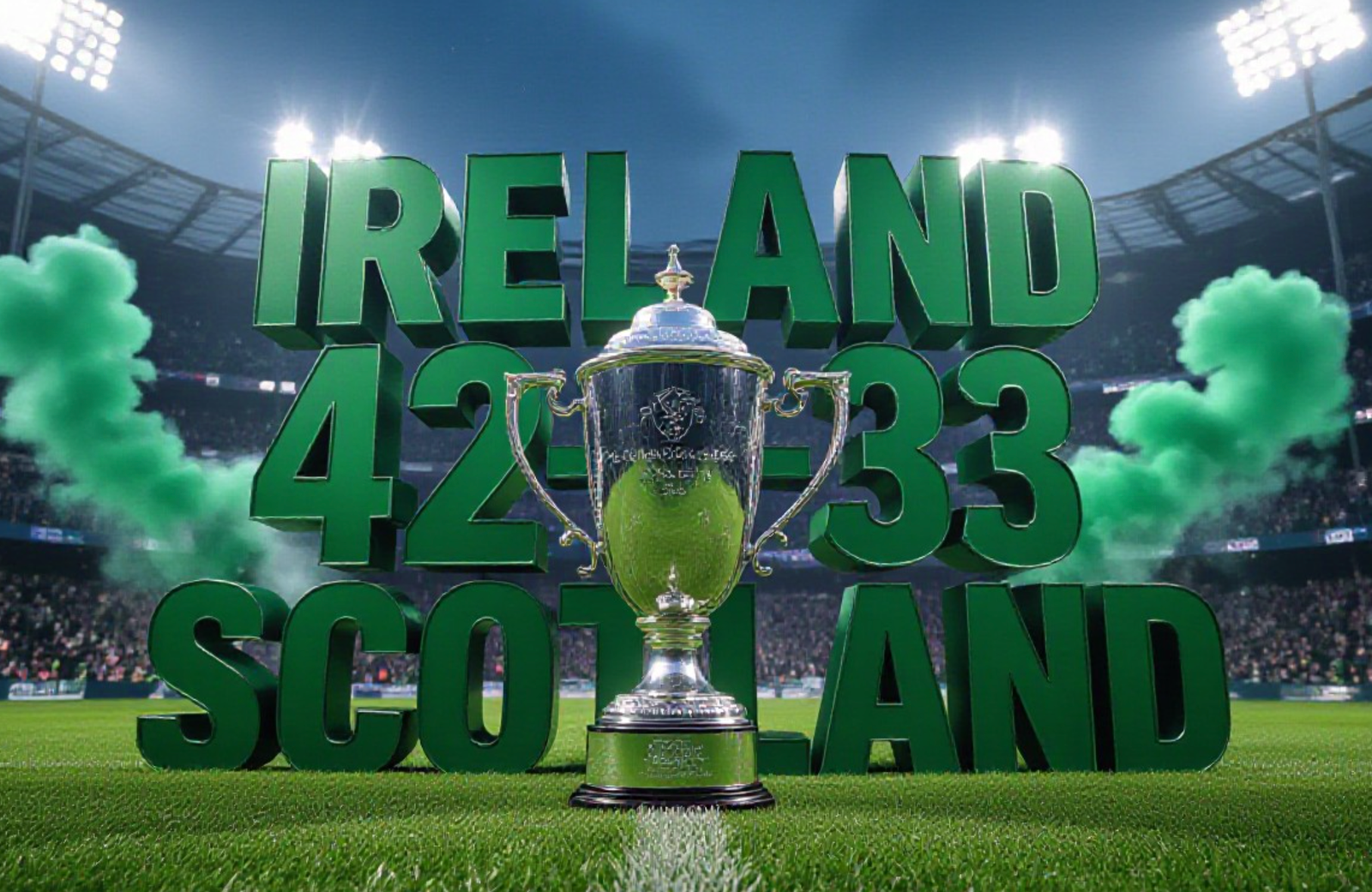 A viral, hyper-realistic YouTube thumbnail with a kinetic rugby stadium atmosphere. The background is a packed Energia Park at night with green smoke flares and dramatic floodlights cutting through Dublin mist. The composition uses a dramatic low angle to focus on the main subject: a gleaming silver Dalriada Cup trophy held aloft, rugby ball marks and grass stains visible on it. The image features massive 3D typography with strict hierarchy: The Primary Text reads exactly: 'IRELAND 42-33 SCOTLAND'. This text is massive, the largest element in the frame, rendered in shining emerald green chrome with Irish trinity knots subtly embossed. The Secondary Text reads exactly: 'DALRIADA CUP IS HOME'. This text is significantly smaller, positioned below the score with a thick white outline and electric blue glow sticker style to contrast against the dark background. Make sure text 2 is always different theme, style, effect and border compared to text 1. The text materials correspond to the story's concept. Crucial Instruction: There is absolutely NO other text, numbers, watermarks, or subtitles in this image other than these two specific lines. 8k, Unreal Engine 5, cinematic render.