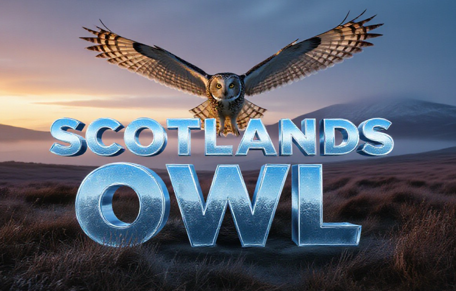 A viral, hyper-realistic YouTube thumbnail with a majestic Scottish winter nature atmosphere. The background is a windswept Hebridean machair at golden hour with distant misty hills and dramatic sky. The composition uses a low dramatic angle to focus on the main subject: a powerful short-eared owl frozen mid-flight, wings fully spread, eyes locked on target. The image features massive 3D typography with strict hierarchy: The Primary Text reads exactly: 'SCOTLANDS OWL'. This text is massive, the largest element in the frame, rendered in glowing ice-blue chrome with subtle frost particles to look like a high-budget 3D render. The Secondary Text reads exactly: 'WINTER MAGIC'. This text is significantly smaller, positioned below the main text. It features a thick orange fire-glow border to contrast against the cold background. Make sure text 2 is always different theme, style, effect and border compared to text 1. The text materials correspond to the story's concept. Crucial Instruction: There is absolutely NO other text, numbers, watermarks, or subtitles in this image other than these two specific lines. 8k, Unreal Engine 5, cinematic render