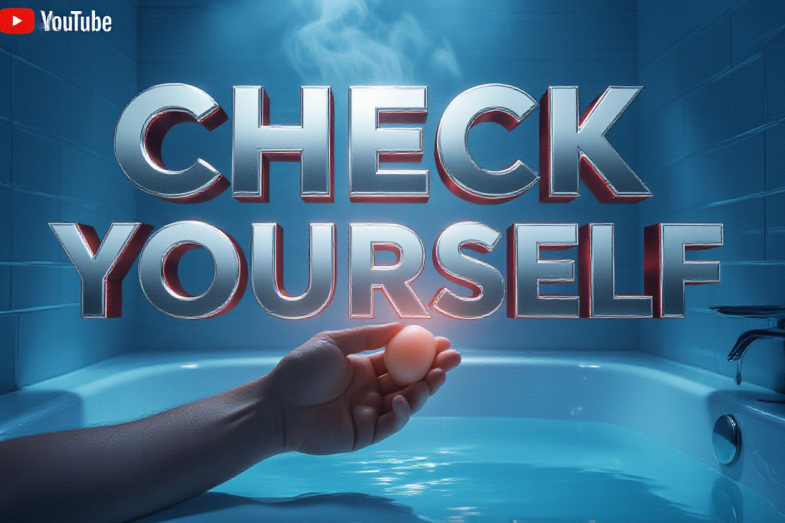 A viral, hyper-realistic YouTube thumbnail with a somber medical awareness atmosphere. The background is a dimly lit bathroom with steam rising from a warm bath, soft blue tones and dramatic side lighting creating heavy shadows. The composition uses a low-angle close-up to focus on the main subject: a single masculine hand gently holding a testicle with a visible hard lump highlighted by subtle red glow. The image features massive 3D typography with strict hierarchy: The Primary Text reads exactly: 'CHECK YOURSELF'. This text is massive, the largest element in the frame, rendered in cold chrome metal with glowing red edges to look like a high-budget 3D render. The Secondary Text reads exactly: 'IT SAVED MY SON TIME'. This text is significantly smaller, positioned below the main text. It features a thick white border with red outline sticker style to contrast against the background. Make sure text 2 is always different theme, style, effect and border compared to text 1. The text materials correspond to the story's concept. Crucial Instruction: There is absolutely NO other text, numbers, watermarks, or subtitles in this image other than these two specific lines. 8k, Unreal Engine 5, cinematic render
