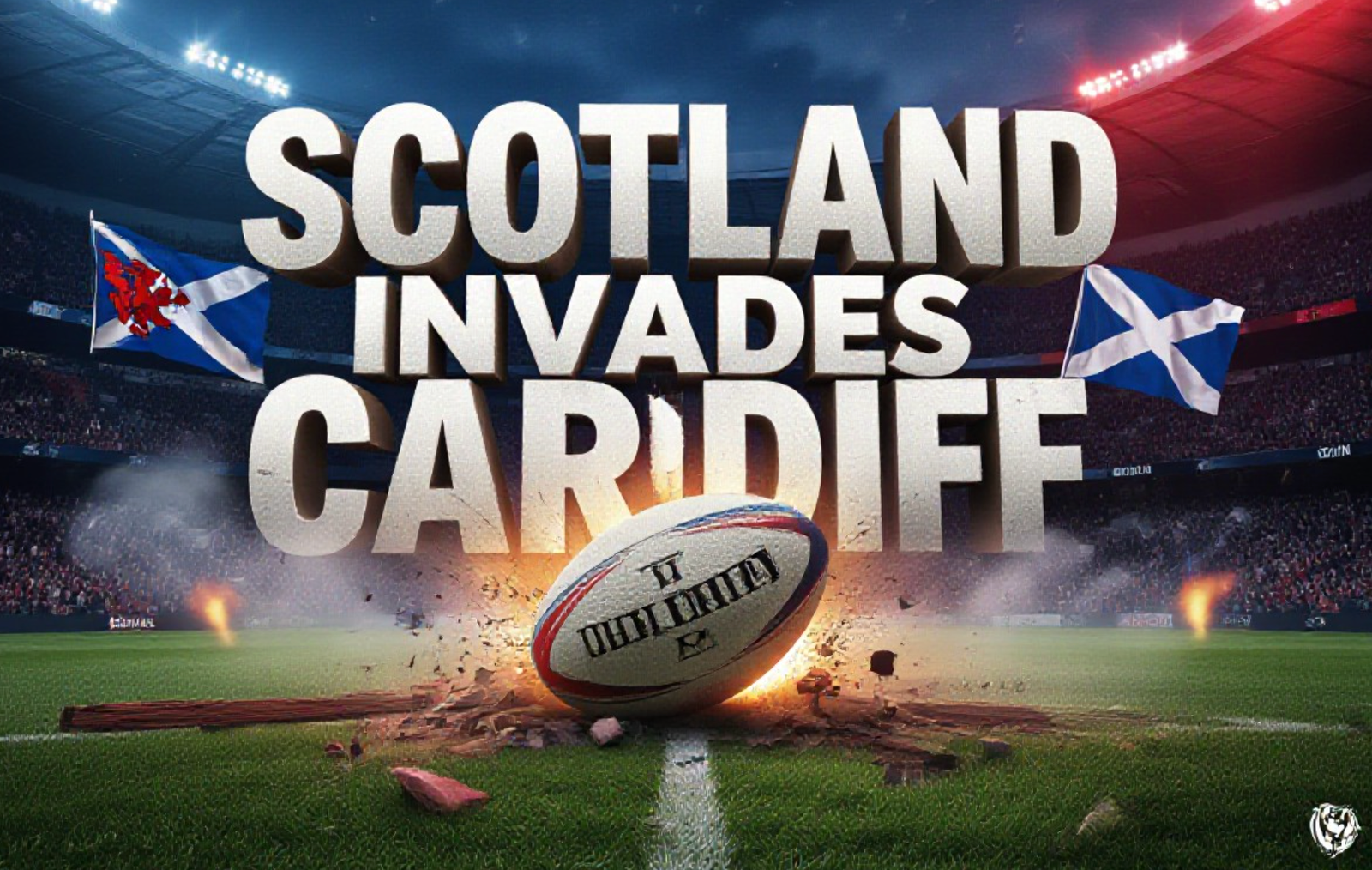 A viral, hyper-realistic YouTube thumbnail with a kinetic stadium atmosphere. The background is a packed Principality Stadium at night with the roof closed, red Welsh dragons clashing against blue Saltire flags in the stands, dramatic red and blue spotlights cutting through mist and pyrotechnics. The composition uses a low-angle shot to focus on the main subject: a battered leather rugby ball exploding through shattered wood as if breaking through the Welsh defensive wall. The image features massive 3D typography with strict hierarchy: The Primary Text reads exactly: 'SCOTLAND INVADES CARDIFF'. This text is massive, the largest element in the frame, rendered in molten chrome with electric blue glow edges to look like a high-budget 3D render. The Secondary Text reads exactly: 'WALES FIGHT FOR SURVIVAL'. This text is significantly smaller, positioned below the main text. It features a thick red distress-style border with cracked texture to contrast against the background. Make sure text 2 is always different theme, style, effect and border compared to text 1. The text materials correspond to the story's concept. Crucial Instruction: There is absolutely NO other text, numbers, watermarks, or subtitles in this image other than these two specific lines. 8k, Unreal Engine 5, cinematic render.