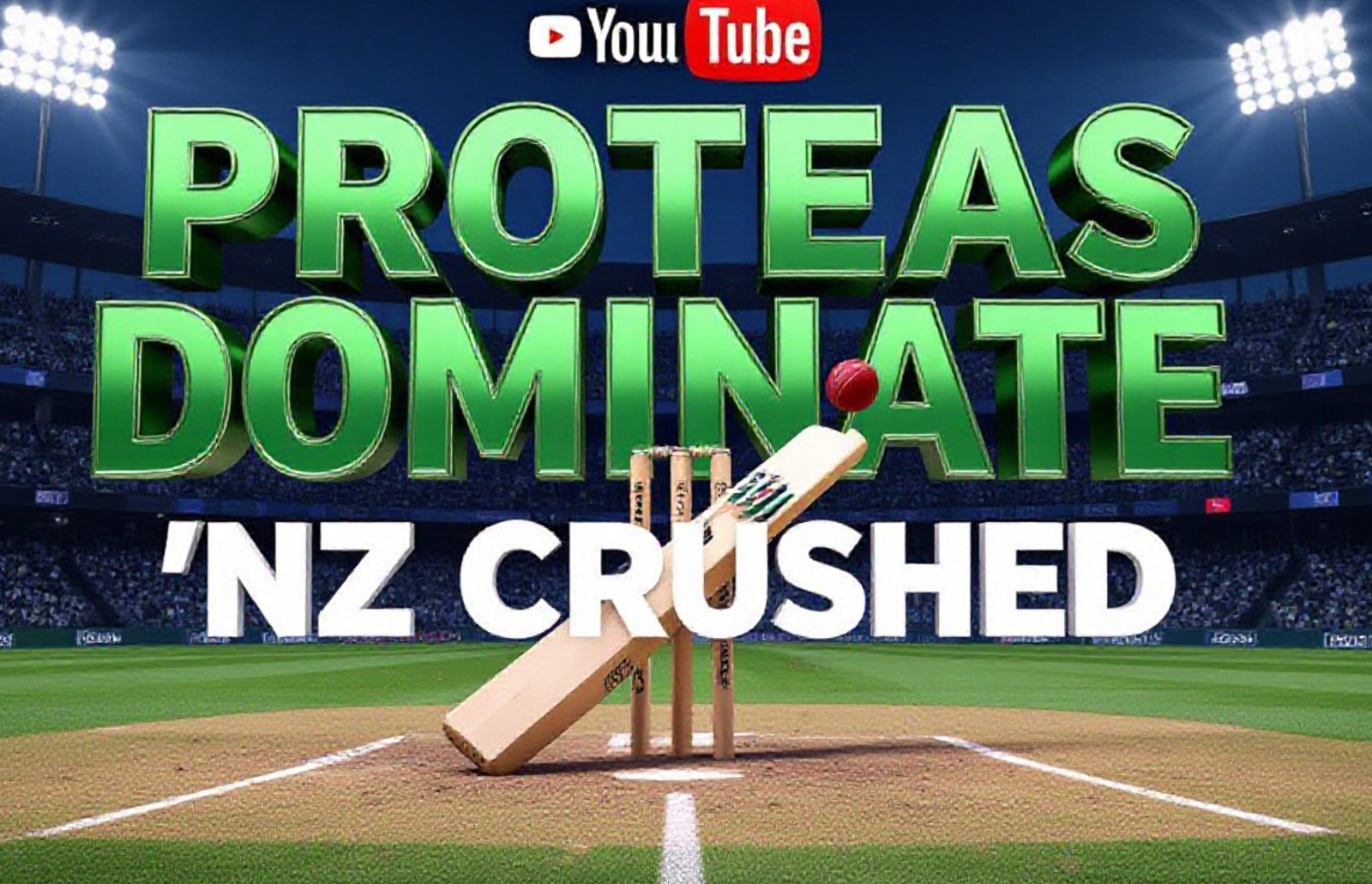 A viral, hyper-realistic YouTube thumbnail with a Kinetic Sports atmosphere. The background is a packed Narendra Modi Stadium at night with bright floodlights. The composition uses a Low Angle to focus on the main subject: a detailed Faceless Cricket Stump being shattered by a ball. The image features massive 3D typography with strict hierarchy: The Primary Text reads exactly: 'PROTEAS DOMINATE'. This text is massive, the largest element in the frame, rendered in Green Chrome to look like a high-budget 3D render. The Secondary Text reads exactly: 'NZ CRUSHED'. This text is significantly smaller, positioned below or next to the main text. It features a thick, distinct color border/outline (sticker style) to contrast against the background. Make sure text 2 is always different theme, style, effect and border compared to text 1.