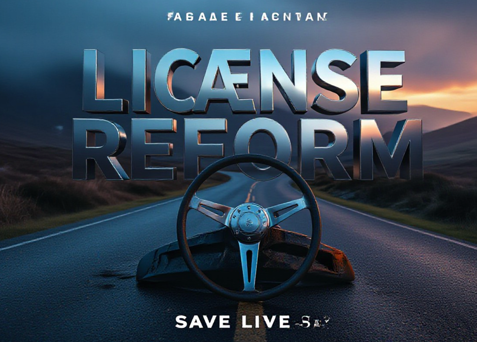 A viral, hyper-realistic YouTube thumbnail with a somber Automotive atmosphere. The background is a misty, winding Scottish rural road at twilight with dramatic blue and orange lighting. The composition uses a Low Angle to focus on the main subject: a weathered, solitary steering wheel resting on the tarmac. The image features massive 3D typography with strict hierarchy: The Primary Text reads exactly: 'LICENSE REFORM'. This text is massive, the largest element in the frame, rendered in Chrome to look like a high-budget 3D render. The Secondary Text reads exactly: 'SAVE LIVES'. This text is significantly smaller, positioned below or next to the main text. It features a thick, distinct neon red border/outline (sticker style) to contrast against the background. Make sure text 2 is always different theme, style, effect and border compared to text 1.