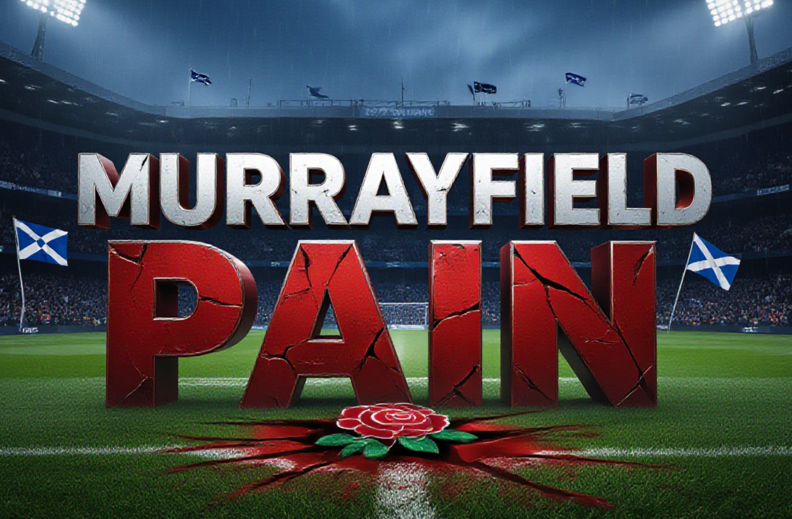 A viral, hyper-realistic YouTube thumbnail with a dramatic sports stadium atmosphere. The background is a rain-soaked Murrayfield at night, packed crowd in dark blue, Scottish flags waving, heavy fog and dramatic floodlights cutting through the mist. The composition uses a low-angle cinematic shot to focus on the main subject: a battered red rose emblem cracked and scarred on the turf. The image features massive 3D typography with strict hierarchy: The Primary Text reads exactly: 'MURRAYFIELD PAIN'. This text is massive, the largest element in the frame, rendered in cracked blood-red chrome with deep battle damage to look like a high-budget 3D render. The Secondary Text reads exactly: 'FORGES ENGLAND'. This text is significantly smaller, positioned below the main text with a glowing white outline and electric blue pulse effect, sticker style. The text materials correspond to the story's concept. Crucial Instruction: There is absolutely NO other text, numbers, watermarks, or subtitles in this image other than these two specific lines. 8k, Unreal Engine 5, cinematic render