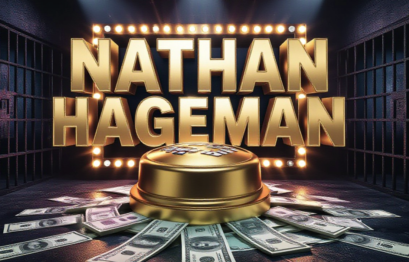 A viral, hyper-realistic YouTube thumbnail with a neon dramatic atmosphere. The background is a dark, gritty prison cell transitioning into a bright, flashing TV studio with dramatic spotlights. The composition uses a Dutch Angle to focus on the main subject: a massive golden game show buzzer sitting on a pile of decaying British pound notes. The image features massive 3D typography with strict hierarchy: The Primary Text reads exactly: 'NATHAN HAGEMAN'. This text is massive, the largest element in the frame, rendered in Chrome to look like a high-budget 3D render. The Secondary Text reads exactly: 'THE MILLION POUND CURSE'. This text is significantly smaller, positioned below the main text. It features a thick, bright red sticker style outline to contrast against the dark background. The text materials correspond to the story's concept. Crucial Instruction: There is absolutely NO other text, numbers, watermarks, or subtitles in this image other than these two specific lines. 8k, Unreal Engine 5, cinematic render