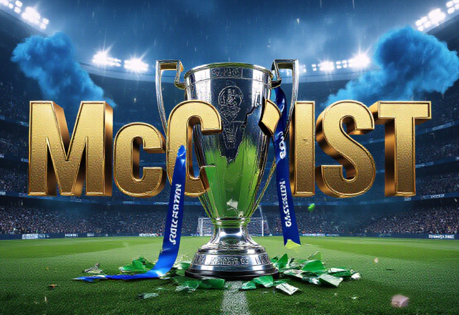 A viral, hyper-realistic YouTube thumbnail with a dramatic Scottish football stadium atmosphere. The background is a packed Ibrox at night under floodlights with blue smoke flares and raging rain. The composition uses a low dramatic angle to focus on the main subject: a gleaming Scottish Premiership trophy cracked down the middle with green and white shards falling away. The image features massive 3D typography with strict hierarchy: The Primary Text reads exactly: 'McCoist'. This text is massive, the largest element in the frame, rendered in molten gold chrome with glowing edges like a high-budget 3D render. The Secondary Text reads exactly: 'Celtic Not Scaring Anyone'. This text is significantly smaller, positioned below the main text with a thick white outline and red sticker-style border to cut through the dark background. The text materials correspond to the story's concept. Crucial Instruction: There is absolutely NO other text, numbers, watermarks, or subtitles in this image other than these two specific lines. 8k, Unreal Engine 5, cinematic render