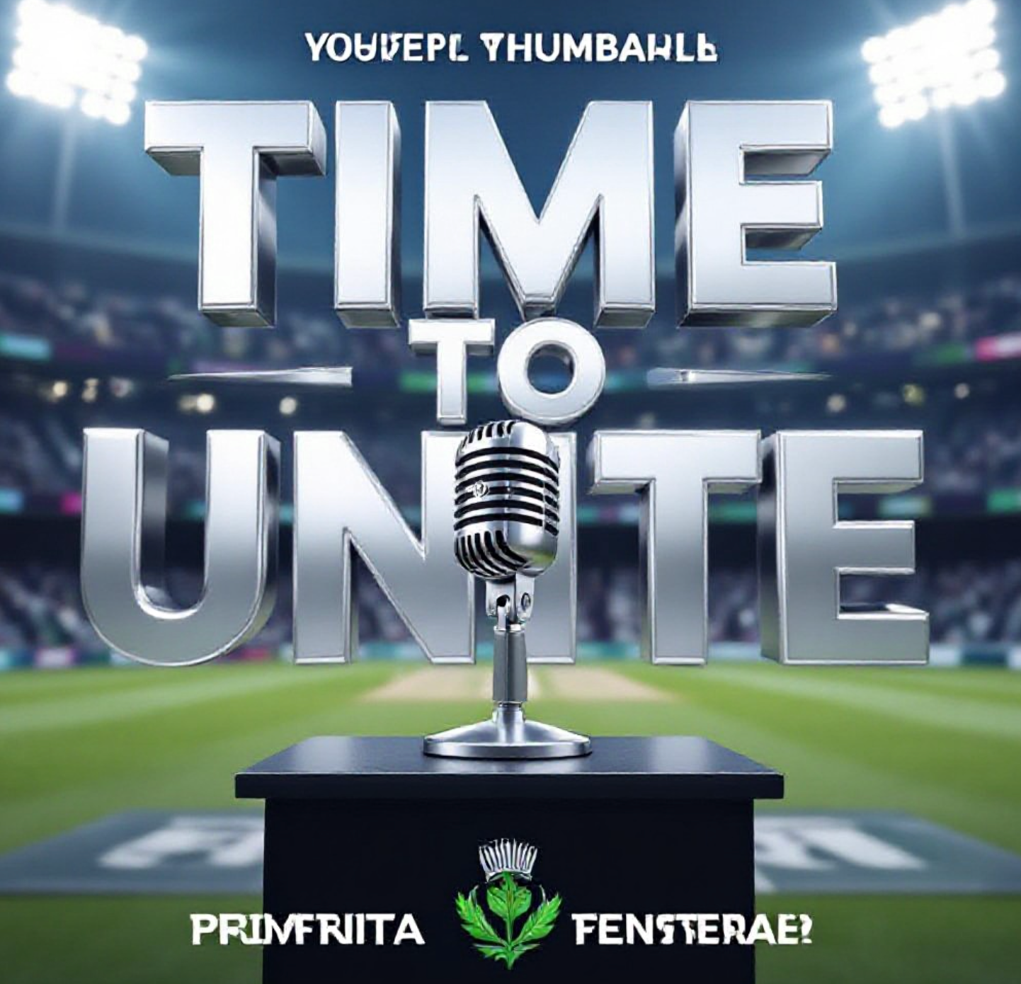 A viral, hyper-realistic YouTube thumbnail with a Kinetic Sports atmosphere. The background is a blurred, high-energy cricket stadium press conference room with stadium floodlights flaring in the distance. The composition uses a Low Angle to focus on the main subject: a sleek, silver microphone on a podium branded with a subtle Scottish thistle logo. The image features massive 3D typography with strict hierarchy: The Primary Text reads exactly: 'TIME TO UNITE'. This text is massive, the largest element in the frame, rendered in Chrome to look like a high-budget 3D render. The Secondary Text reads exactly: 'Calendar Chaos'. This text is significantly smaller, positioned below the main text. It features a thick, distinct neon blue border/outline (sticker style) to contrast against the background. Make sure text 2 is always different theme, style, effect and border compared to text 1. The text materials correspond to the story's concept. Crucial Instruction: There is absolutely NO other text, numbers, watermarks, or subtitles in this image other than these two specific lines. 8k, Unreal Engine 5, cinematic render
