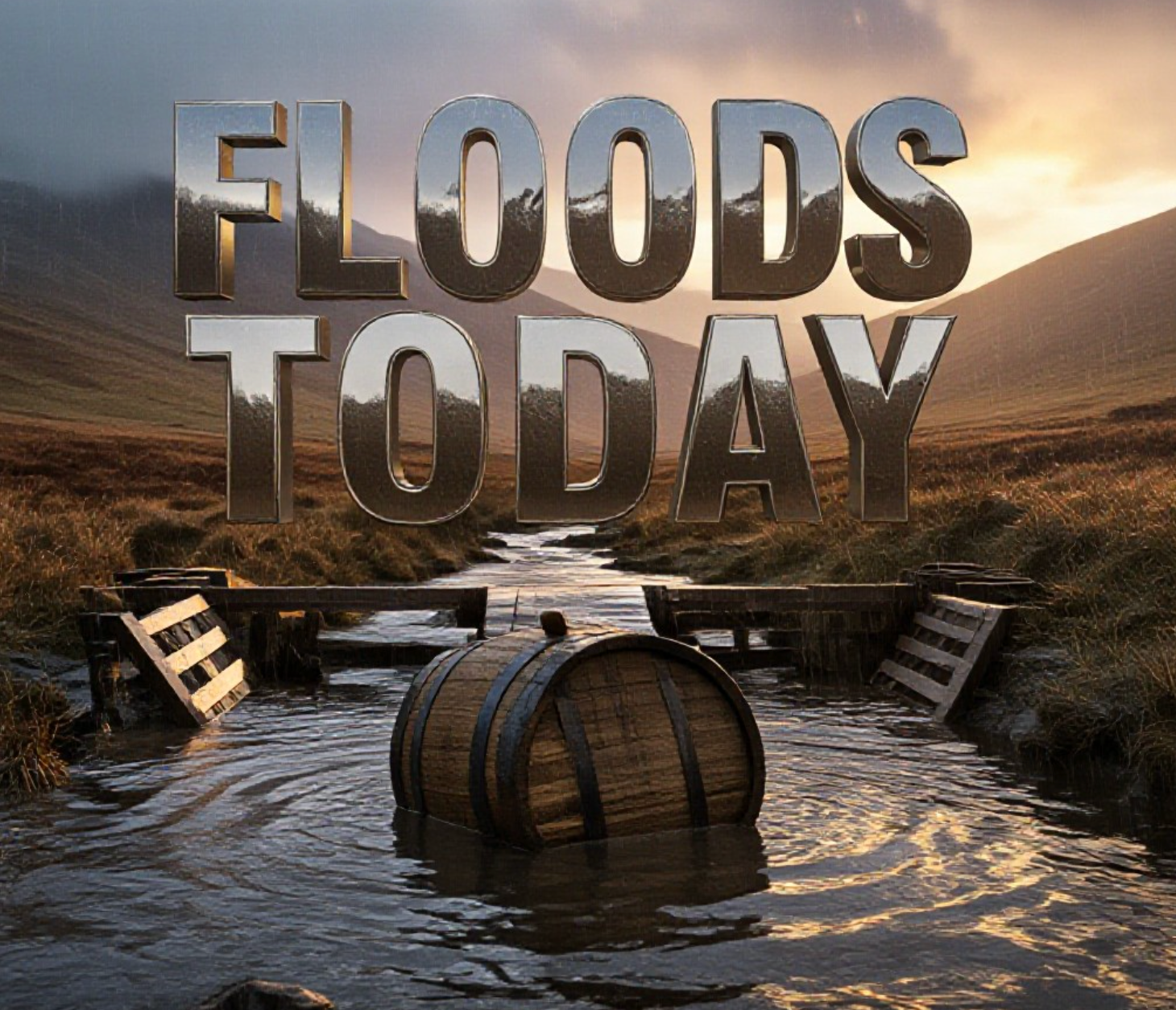 A viral, hyper-realistic YouTube thumbnail with a dramatic Scottish Highlands atmosphere. The background is a rain-soaked misty moorland valley at dawn with raging brown rivers and newly built wooden leaky dams in the foreground, golden hour side lighting cutting through storm clouds. The composition uses a low dramatic angle to focus on the main subject: a large weathered whisky barrel half-submerged in floodwater yet defiant. The image features massive 3D typography with strict hierarchy: The Primary Text reads exactly: 'FLOODS TODAY'. This text is massive, rendered in polished wet chrome with water droplets sliding off the letters. The Secondary Text reads exactly: 'WATER TOMORROW'. This text is smaller, positioned below with a glowing amber outline and subtle fire-glow effect. The text materials correspond to the story's concept. Crucial Instruction: There is absolutely NO other text, numbers, watermarks, or subtitles in this image other than these two specific lines. 8k, Unreal Engine 5, cinematic render