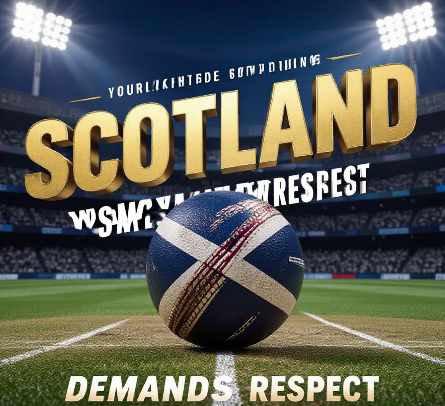 A viral, hyper-realistic YouTube thumbnail with a Sports atmosphere. The background is a packed Wankhede Stadium at night with stadium lights blazing. The composition uses a Low Angle to focus on the main subject: a worn Cricket Ball with a subtle Scottish Saltire texture resting on the pitch. The image features massive 3D typography with strict hierarchy: The Primary Text reads exactly: 'SCOTLAND'. This text is massive, the largest element in the frame, rendered in Gold to look like a high-budget 3D render. The Secondary Text reads exactly: 'DEMANDS RESPECT'. This text is significantly smaller, positioned below or next to the main text. It features a thick, distinct color border/outline (sticker style) to contrast against the background. Make sure text 2 is always different theme, style, effect and border compared to text 1.