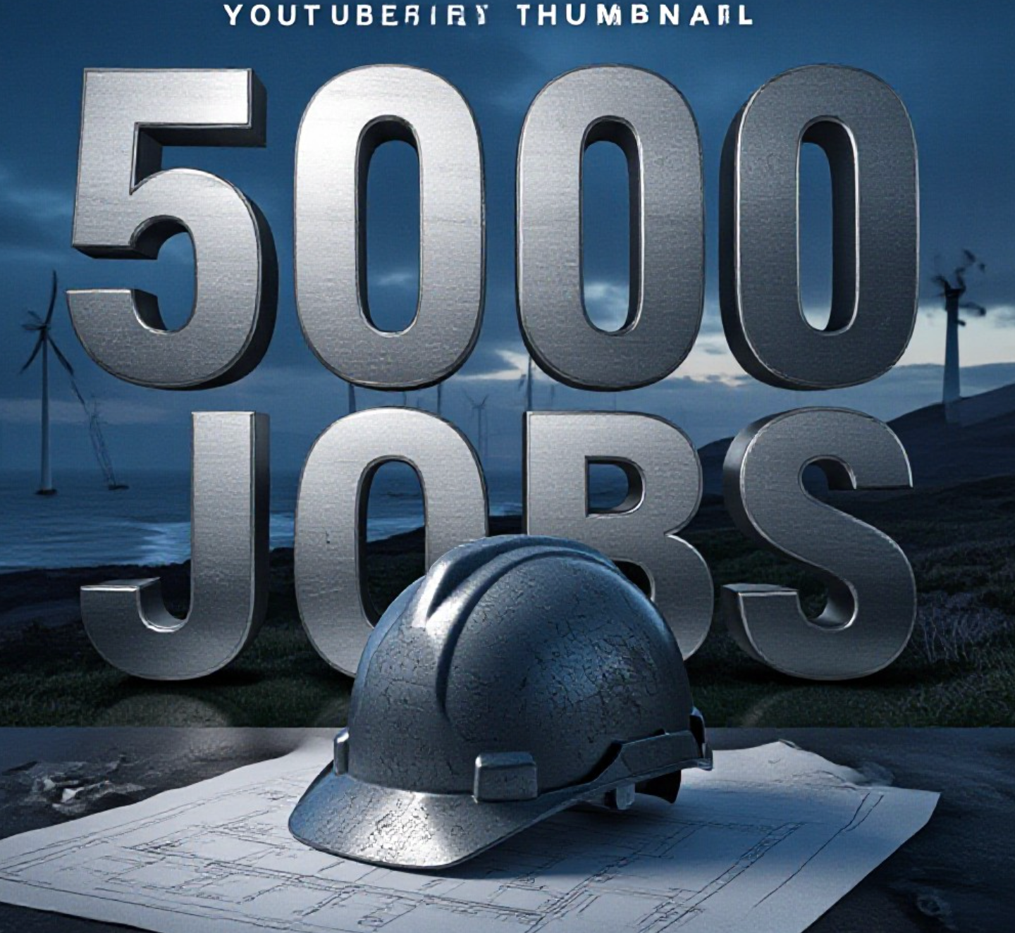 A viral, hyper-realistic YouTube thumbnail with a Business/Industrial atmosphere. The background is a moody, cinematic shot of a Scottish coastal landscape at twilight featuring wind turbines and a distant, sleek power station silhouette with Dramatic Side Lighting. The composition uses a Low Angle to focus on the main subject: a detailed, weathered Industrial Hard Hat resting on a blueprint table. The image features massive 3D typography with strict hierarchy: The Primary Text reads exactly: '5000 JOBS'. This text is massive, the largest element in the frame, rendered in Brushed Steel to look like a high-budget 3D render. The Secondary Text reads exactly: 'LOST FOREVER?'. This text is significantly smaller, positioned below the main text. It features a thick, distinct neon yellow border/outline (sticker style) to contrast against the dark background. Make sure text 2 is always different theme, style, effect and border compared to text 1. The text materials correspond to the story's concept. Crucial Instruction: There is absolutely NO other text, numbers, watermarks, or subtitles in this image other than these two specific lines. 8k, Unreal Engine 5, cinematic render.