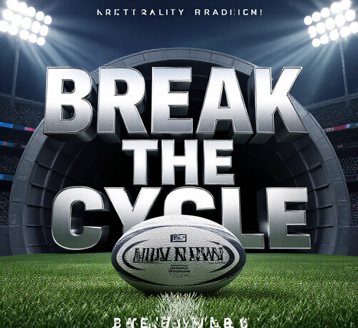 A viral, hyper-realistic YouTube thumbnail with a Kinetic Sports atmosphere. The background is a detailed Principality Stadium tunnel entrance with dramatic stadium floodlights casting long shadows. The composition uses a Low Angle to focus on the main subject: a detailed Faceless Rugby Ball resting on the grass, scuffed from battle. The image features massive 3D typography with strict hierarchy: The Primary Text reads exactly: 'BREAK THE CYCLE'. This text is massive, the largest element in the frame, rendered in Chrome to look like a high-budget 3D render. The Secondary Text reads exactly: 'WALES AWAITS'. This text is significantly smaller, positioned below or next to the main text. It features a thick, distinct color border/outline (sticker style) to contrast against the background. Make sure text 2 is always different theme, style, effect and border compared to text 1.