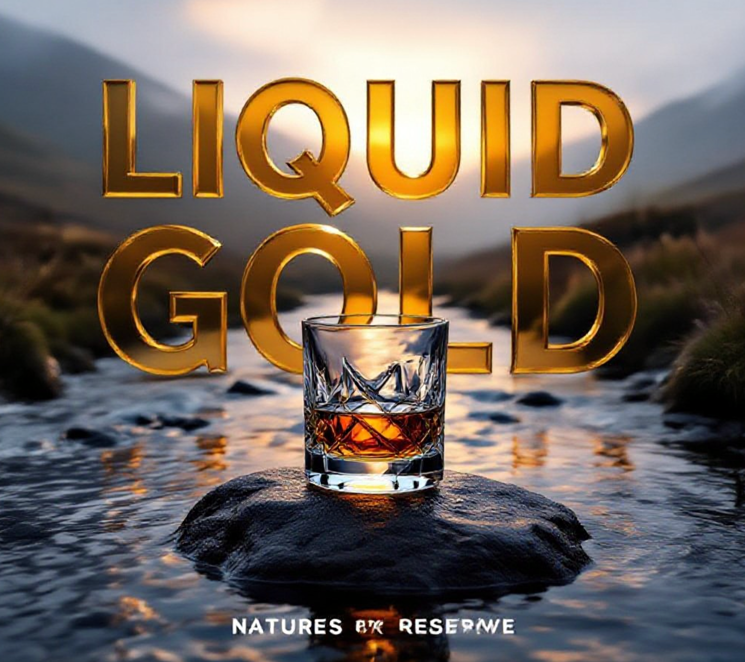 A viral, hyper-realistic YouTube thumbnail with a Moody Nature atmosphere. The background is a Misty Scottish Highland stream with golden hour lighting. The composition uses a Low Angle to focus on the main subject: a Crystal Whisky Glass resting on a wet river rock. The image features massive 3D typography with strict hierarchy: The Primary Text reads exactly: 'LIQUID GOLD'. This text is massive, the largest element in the frame, rendered in Amber Glass with internal light to look like a high-budget 3D render. The Secondary Text reads exactly: 'NATURES RESERVE'. This text is significantly smaller, positioned below or next to the main text. It features a thick, distinct color border/outline (sticker style) to contrast against the background. Make sure text 2 is always different theme, style, effect and border compared to text 1.