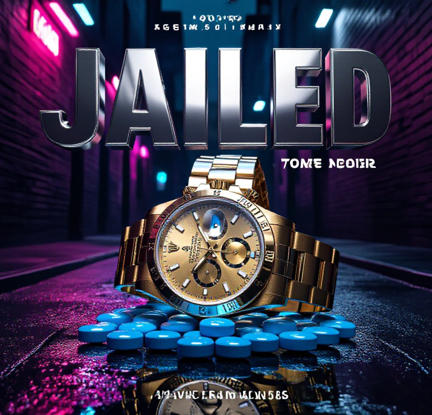 A viral, hyper-realistic YouTube thumbnail with a Crime/Noir atmosphere. The background is a gritty, dimly lit Glasgow alleyway featuring wet pavement reflecting neon police lights. The composition uses a Low Angle to focus on the main subject: a detailed Faceless Hero Object, specifically a luxurious Gold Rolex Watch resting on a stack of blue pills. The image features massive 3D typography with strict hierarchy: The Primary Text reads exactly: 'JAILED'. This text is massive, the largest element in the frame, rendered in Chrome to look like a high-budget 3D render. The Secondary Text reads exactly: 'TIKTOK TRAP'. This text is significantly smaller, positioned below the main text. It features a thick, distinct neon pink border/outline (sticker style) to contrast against the background. Make sure text 2 is always different theme, style, effect and border compared to text 1.