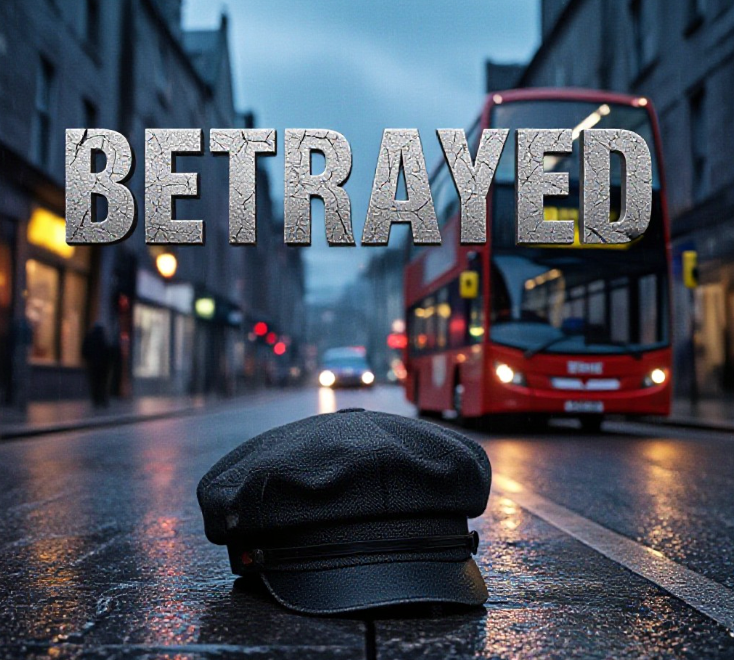 A viral, hyper-realistic YouTube thumbnail with a Crime/Political tension atmosphere. The background is a blurred, rainy Scottish street scene at twilight with a red bus in the distance with Dramatic, high-contrast lighting. The composition uses a Low Angle to focus on the main subject: a weathered, empty Driver's Cap resting on a wet pavement. The image features massive 3D typography with strict hierarchy: The Primary Text reads exactly: 'BETRAYED'. This text is massive, the largest element in the frame, rendered in Cracked Stone texture to look like a high-budget 3D render. The Secondary Text reads exactly: 'NO BAN GUARANTEED'. This text is significantly smaller, positioned below or next to the main text. It features a thick, distinct Red Warning Tape border/outline (sticker style) to contrast against the background. Make sure text 2 is always different theme, style, effect and border compared to text 1.