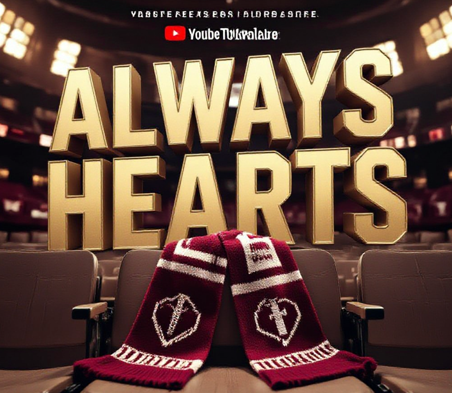 A viral, hyper-realistic YouTube thumbnail with a nostalgic, emotional Sports atmosphere. The background is a soft-focus, warm-lit interior of a classic football stadium hospitality suite with memorabilia on the walls. The composition uses a low-angle close-up to focus on the main subject: a vintage, maroon and white knitted football scarf resting gently on an empty wooden stadium seat. The image features massive 3D typography with strict hierarchy: The Primary Text reads exactly: 'ALWAYS HEARTS'. This text is massive, the largest element in the frame, rendered in Gold to look like a high-budget 3D render. The Secondary Text reads exactly: 'FOREVER'. This text is significantly smaller, positioned below the main text. It features a thick, distinct white border/outline (sticker style) to contrast against the background. Make sure text 2 is always different theme, style, effect and border compared to text 1. The text materials correspond to the story's concept. Crucial Instruction: There is absolutely NO other text, numbers, watermarks, or subtitles in this image other than these two specific lines. 8k, Unreal Engine 5, cinematic render.