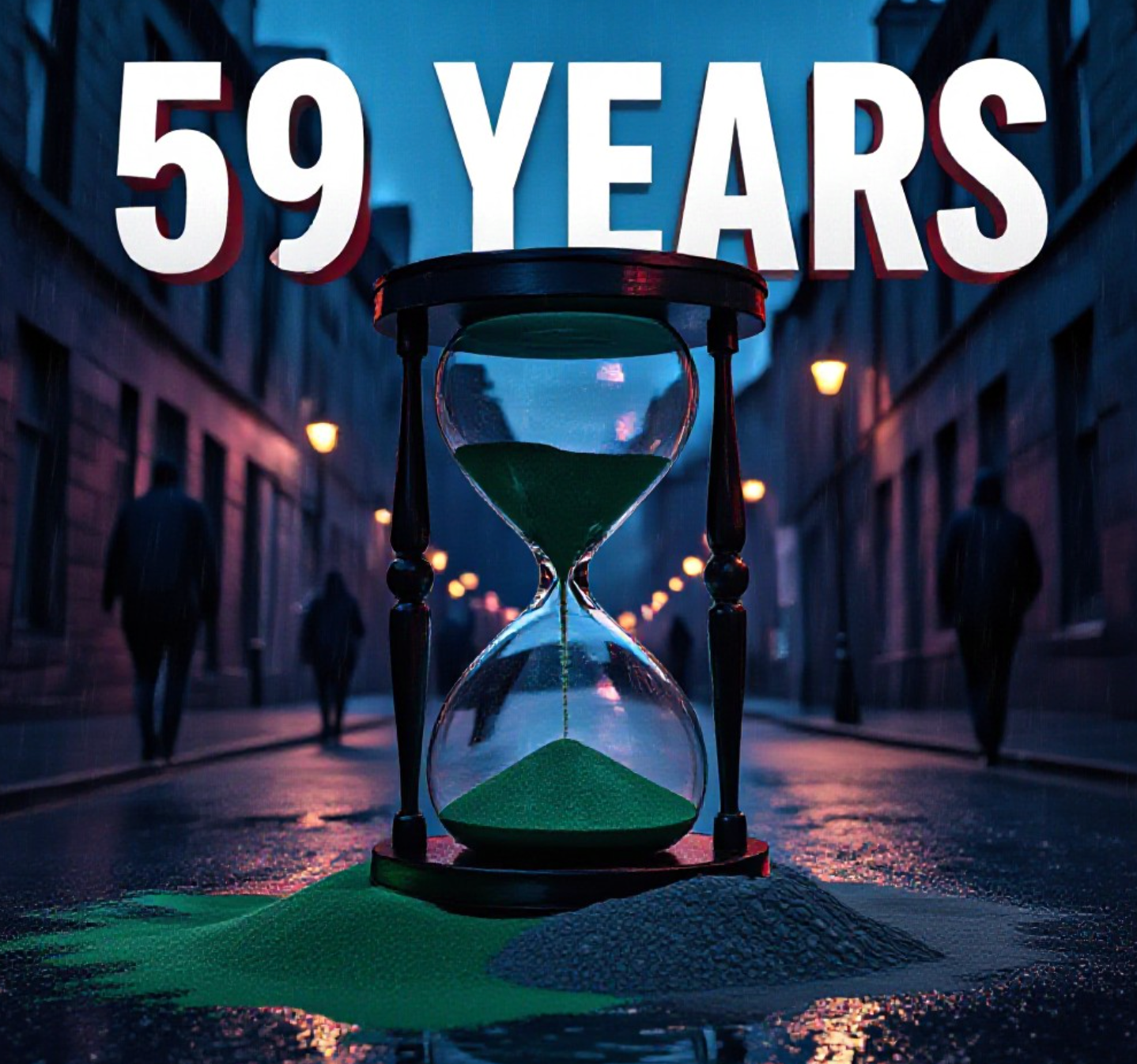 A viral, hyper-realistic YouTube thumbnail with a dark, moody medical-blue and deep red atmosphere. The background is a rain-streaked Glasgow tenement street at dusk with blurred figures walking slowly under heavy Scottish rain, streetlights casting long wet reflections. The composition uses a low-angle dramatic shot to focus on the main subject: a massive cracked hourglass made of transparent glass with healthy green sand rapidly running out into a growing pile of sickly grey ash below. The image features massive 3D typography with strict hierarchy: The Primary Text reads exactly: '59 YEARS'. This text is massive, the largest element in the frame, rendered in cold chrome metal with glowing red cracks running through the numbers like fractures in ice to look like a high-budget 3D render. The Secondary Text reads exactly: 'SCOTLAND'S HEALTH CRISIS'. This text is significantly smaller, positioned below the hourglass with a thick white outline and red inner glow sticker style to contrast against the dark rainy background. Make sure text 2 is always different theme, style, effect and border compared to text 1. The text materials correspond to the story's concept. Crucial Instruction: There is absolutely NO other text, numbers, watermarks, or subtitles in this image other than these two specific lines. 8k, Unreal Engine 5, cinematic render.