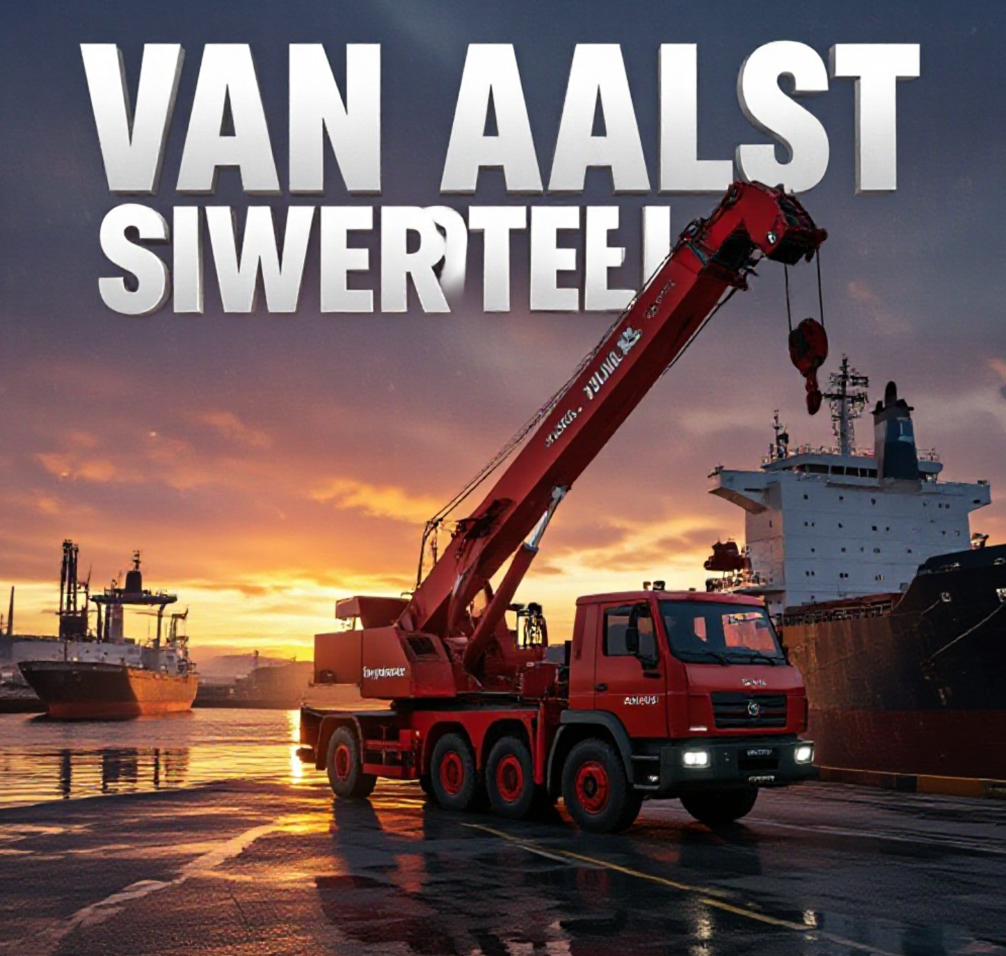 A viral, hyper-realistic YouTube thumbnail with a gritty industrial seaport atmosphere. The background is a moody Scottish winter dusk at the Port of Dundee with dramatic orange sky, silver Tay river reflections and massive bulk carrier ship docked. The composition uses a low heroic camera angle to focus on the main subject: a bright red Van Aalst Siwertell 5000 S road-mobile pneumatic ship unloader with its long discharge boom extended toward the ship, looking powerful and ready for action. The image features massive 3D typography with strict hierarchy: The Primary Text reads exactly: 'VAN AALST'. This text is massive, the largest element in the frame, rendered in polished chrome with glowing orange edge lights to look like a high-budget 3D render. The Secondary Text reads exactly: 'DELIVERS SCOTLAND'. This text is significantly smaller, positioned below the main text with thick white sticker-style border and subtle shadow to pop against the dark quay. The text materials correspond to the story's concept. Crucial Instruction: There is absolutely NO other text, numbers, watermarks, or subtitles in this image other than these two specific lines. 8k, Unreal Engine 5, cinematic render
