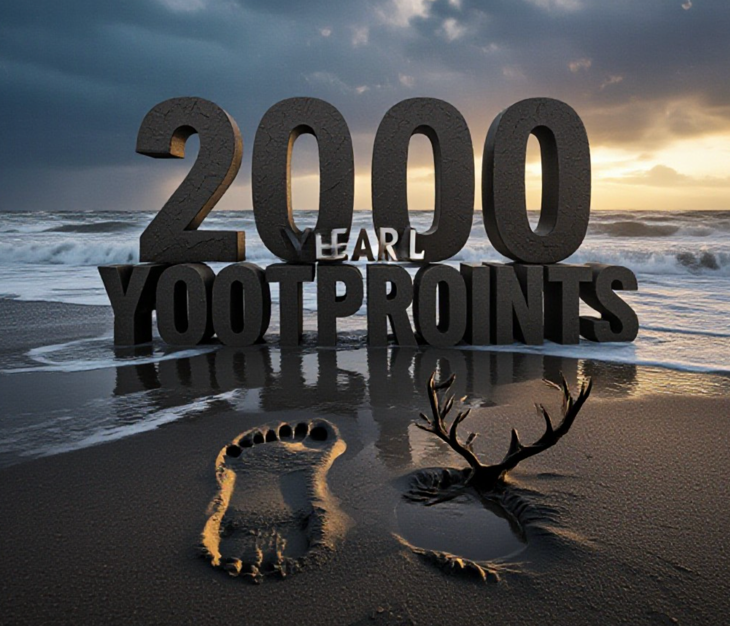 A viral, hyper-realistic YouTube thumbnail with a dramatic, moody archaeological atmosphere. The background is a stormy North Sea beach at dusk with angry waves crashing and wind-blown sand swirling in the air under heavy dark clouds with shafts of golden light breaking through. The composition uses a low dramatic angle to focus on the main subject: an ancient barefoot human footprint and overlapping deer hoof print perfectly preserved in wet dark clay, half-filled with seawater. The image features massive 3D typography with strict hierarchy: The Primary Text reads exactly: '2000 YEAR OLD FOOTPRINTS'. This text is massive, the largest element in the frame, rendered in weathered bronze metal with glowing orange edge light to look like a high-budget 3D render. The Secondary Text reads exactly: 'SCOTLAND BEACH DISCOVERY'. This text is significantly smaller, positioned below the main text with a thick white sticker-style outline and subtle red glow effect. Make sure text 2 is always different theme, style, effect and border compared to text 1. The text materials correspond to the story's concept. Crucial Instruction: There is absolutely NO other text, numbers, watermarks, or subtitles in this image other than these two specific lines. 8k, Unreal Engine 5, cinematic render