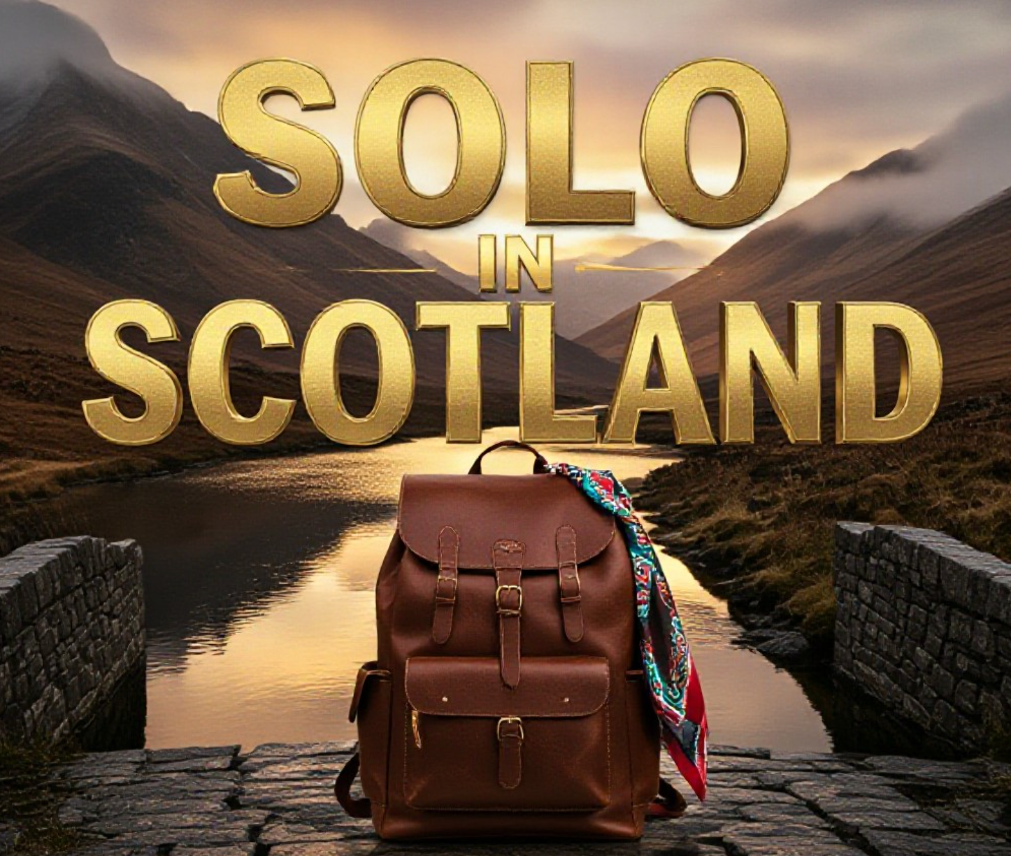 A viral, hyper-realistic YouTube thumbnail with a cinematic Scottish travel atmosphere. The background is a dramatic misty Highland valley at golden hour with looming mountains and a shimmering loch reflecting the sky. The composition uses a low-angle heroic shot to focus on the main subject: a beautifully crafted leather backpack with an Indian-patterned scarf tied to it, standing alone on an ancient stone bridge. The image features massive 3D typography with strict hierarchy: The Primary Text reads exactly: 'Solo in Scotland'. This text is massive, the largest element in the frame, rendered in brushed gold chrome with subtle Celtic knot engravings to look like a high-budget 3D render. The Secondary Text reads exactly: 'Indian Women Lead the Way'. This text is significantly smaller, positioned below the main text. It features a thick white glow border with crimson outline to contrast against the moody background. Make sure text 2 is always different theme, style, effect and border compared to text 1. The text materials correspond to the story's concept. Crucial Instruction: There is absolutely NO other text, numbers, watermarks, or subtitles in this image other than these two specific lines. 8k, Unreal Engine 5, cinematic render.