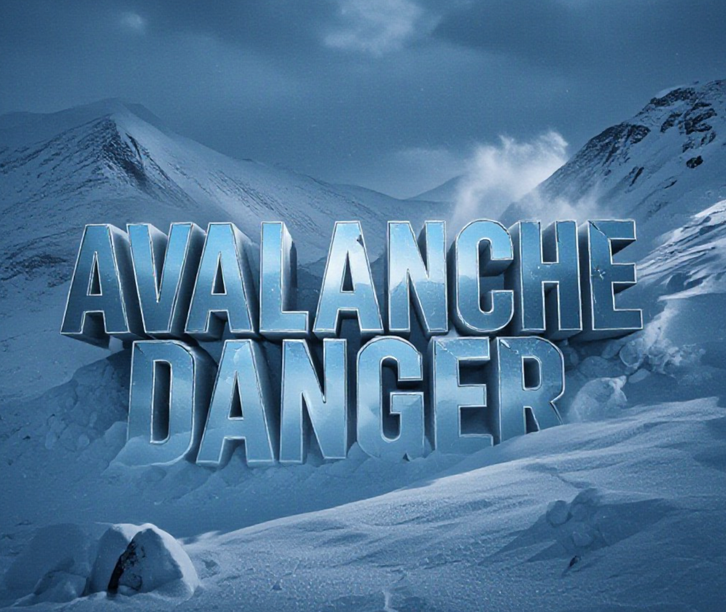 A viral, hyper-realistic YouTube thumbnail with a dramatic winter sports atmosphere. The background is a vast Scottish Highland mountain landscape buried in deep fresh snow under heavy storm clouds with blowing spindrift, moody blue-grey lighting. The composition uses a dramatic low angle to focus on the main subject: a massive fractured avalanche crown wall breaking across the slope with huge blocks of snow tumbling down. The image features massive 3D typography with strict hierarchy: The Primary Text reads exactly: 'AVALANCHE DANGER'. This text is massive, the largest element in the frame, rendered in ice-blue chrome with cracking frost effects to look like a high-budget 3D render. The Secondary Text reads exactly: 'Scotland Ski Boom'. This text is significantly smaller, positioned below the main text with a thick glowing orange border to contrast against the cold background. Make sure text 2 has completely different style and effect from text 1. There is absolutely NO other text, numbers, watermarks, or subtitles in this image other than these two specific lines. 8k, Unreal Engine 5, cinematic render.